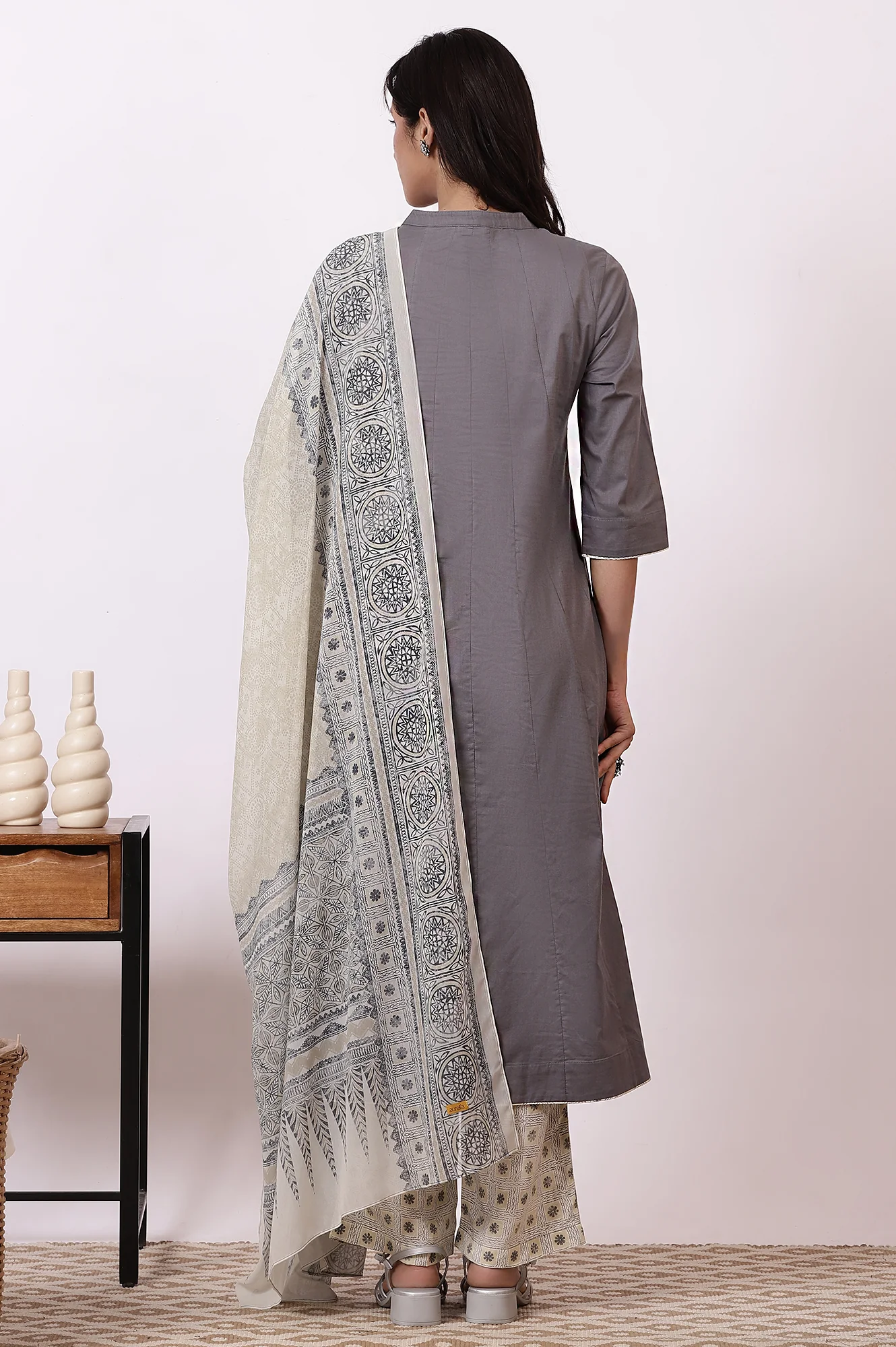 Grey Sequined Pure Cotton Anarkali Kurta, Palazzo and Dupatta Set - Image 6