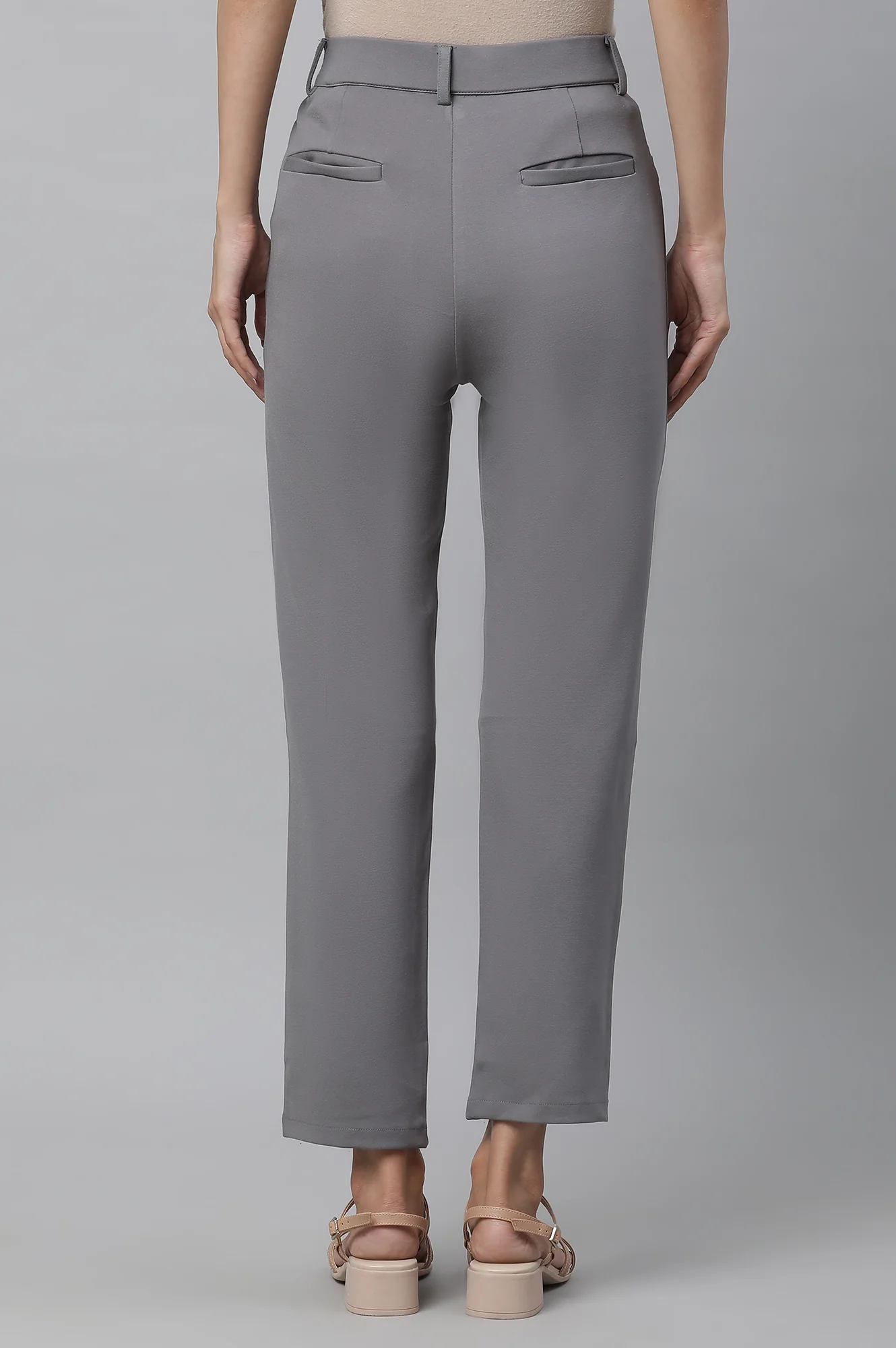 Grey Solid Slim Fit Pants With Front Zip - Image 3