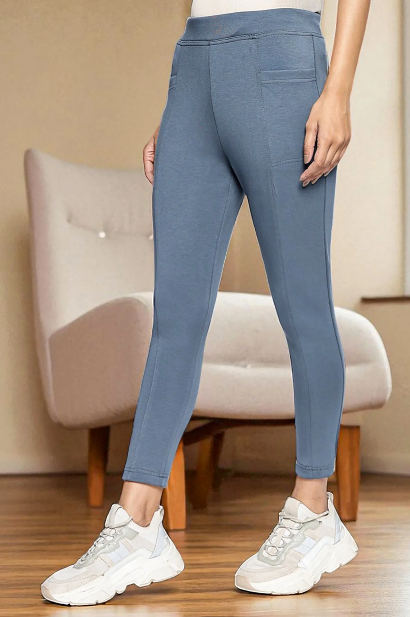Grey Solid Mid-rise Ankle Length Yoga Tights - Image 4
