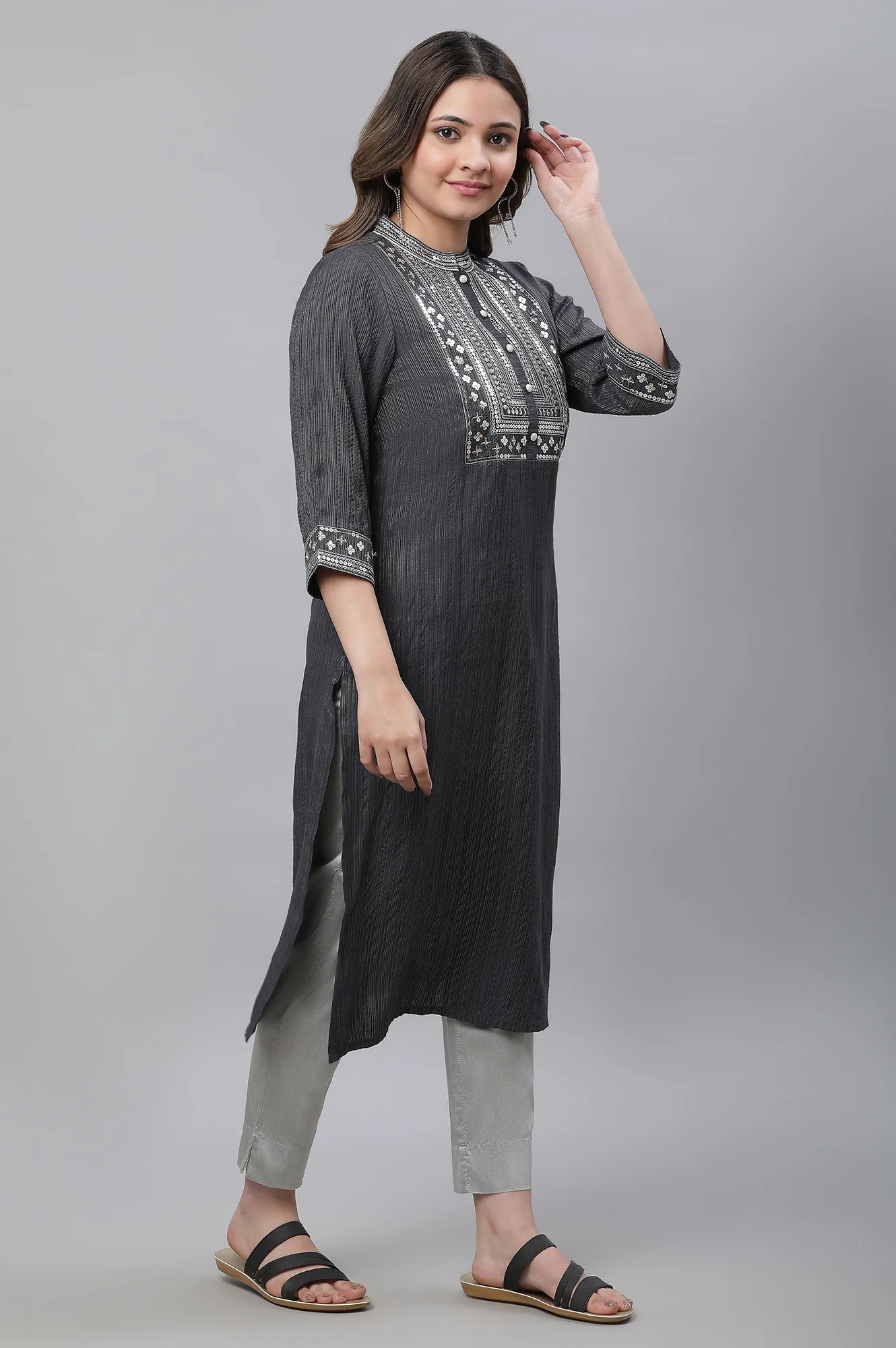 Grey Striped Embroidered Sequin Straight Lurex Kurta - Image 4