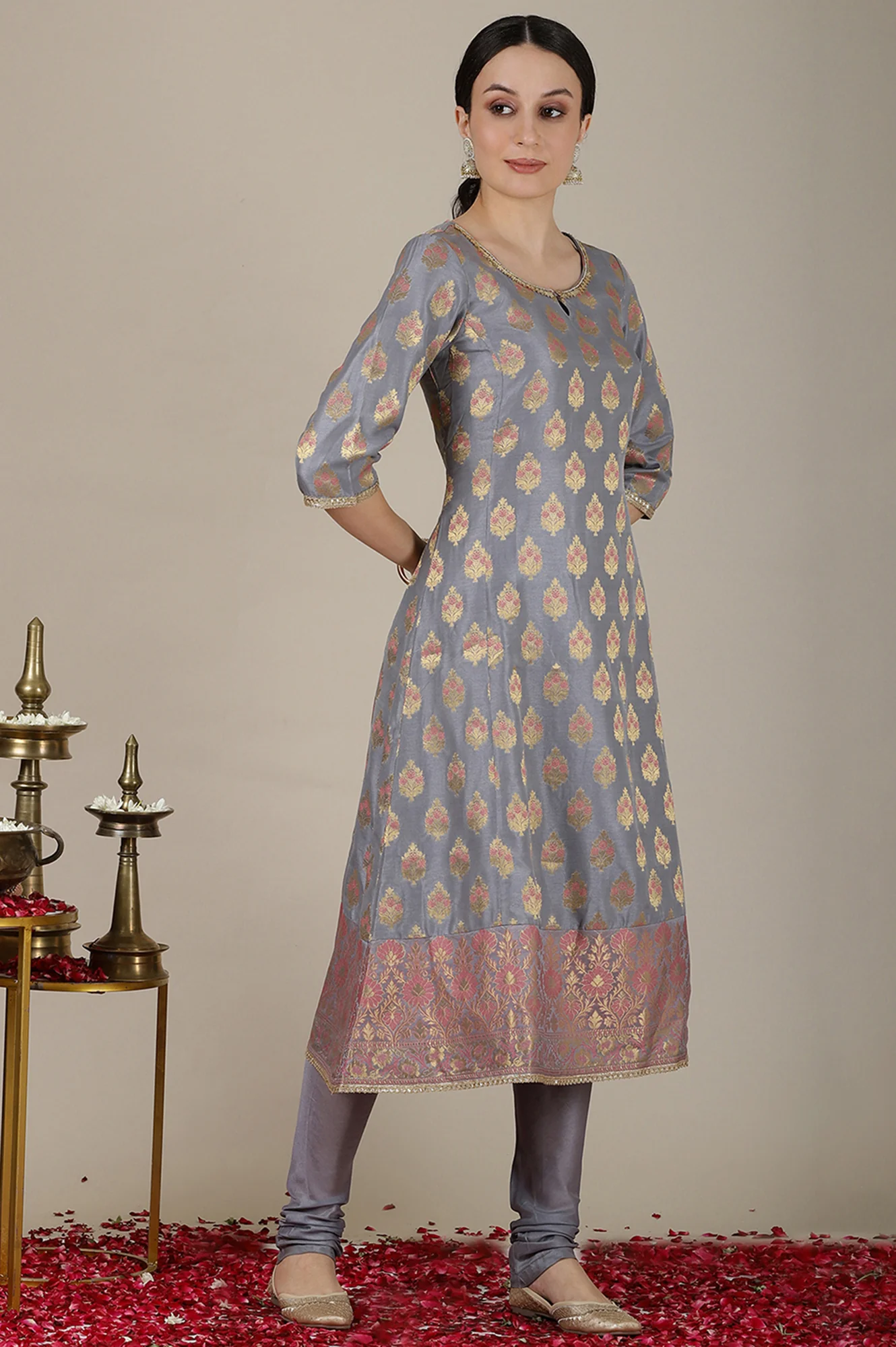 Grey Yarn Dyed Embroidered A-line Kurta, Churidar and Dupatta Set - Image 6