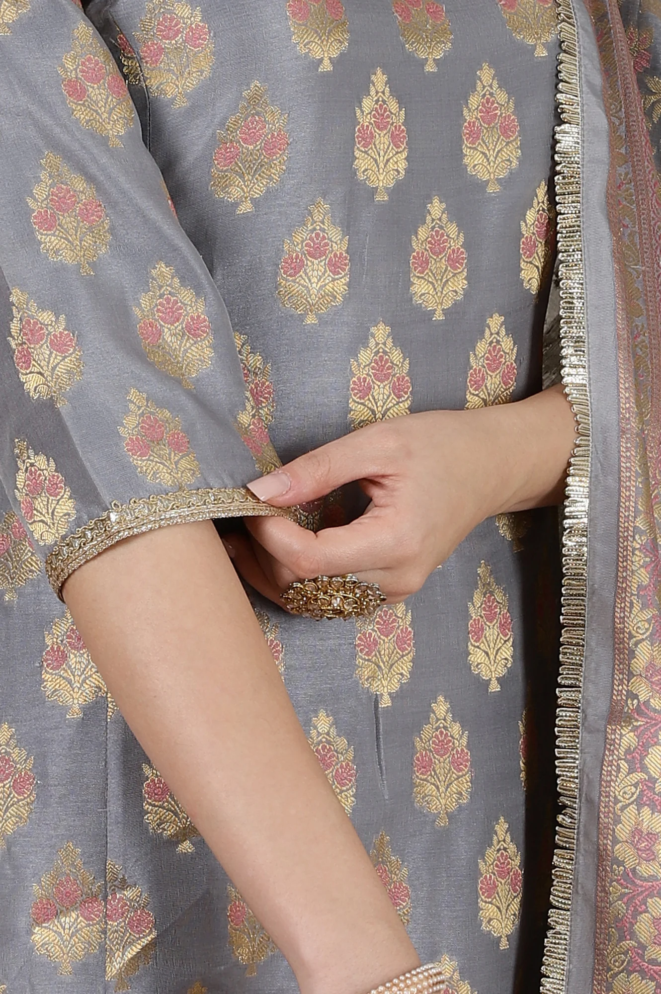 Grey Yarn Dyed Embroidered A-line Kurta, Churidar and Dupatta Set - Image 7