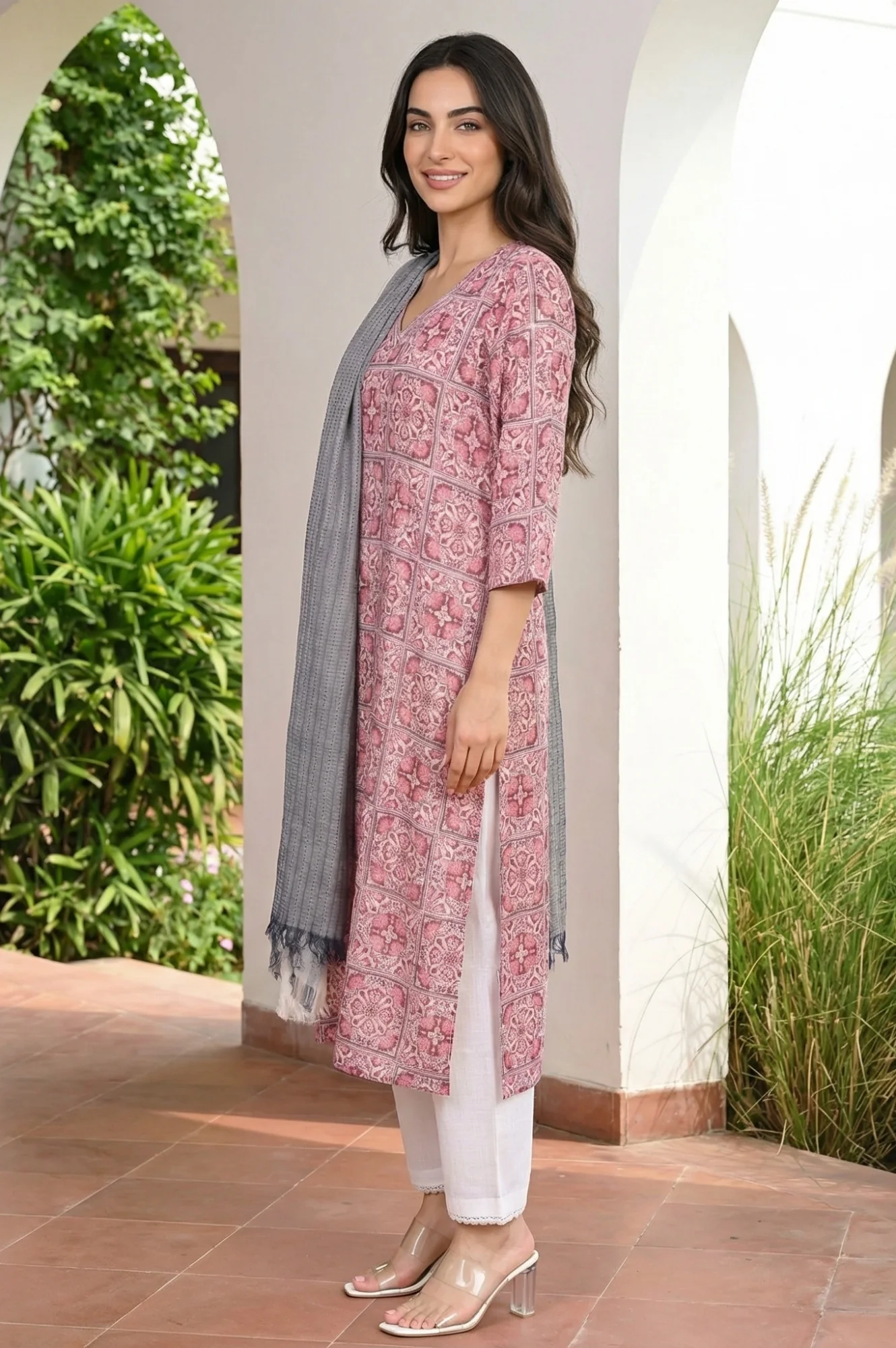 Grey Yarn Dyed Tassels Striped Cotton Blend Dupatta - Image 2