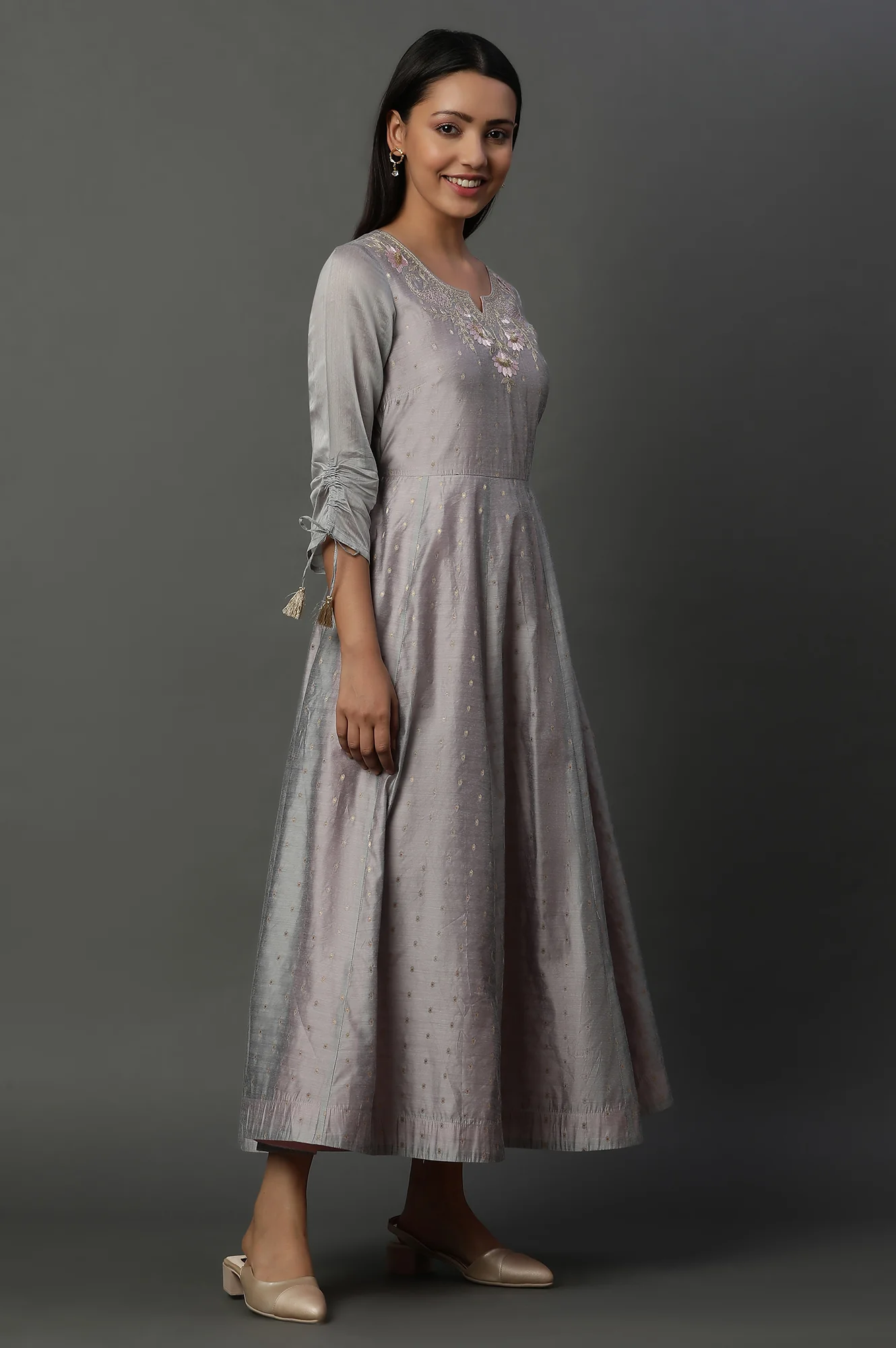 Grey Zari Embroidered Flared Dress - Image 5