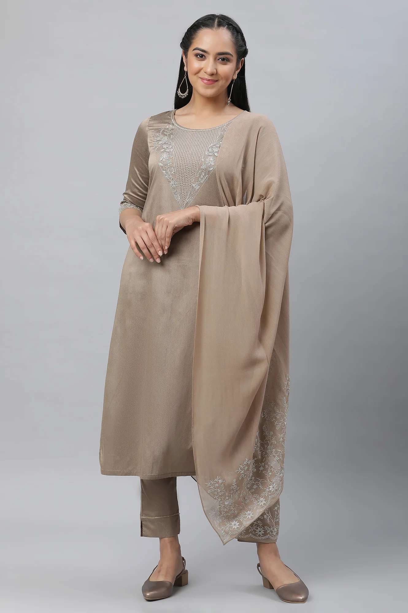 Greyish Gold Toned Brown Festive Kurta, Pants & Dupatta Set - Image 2