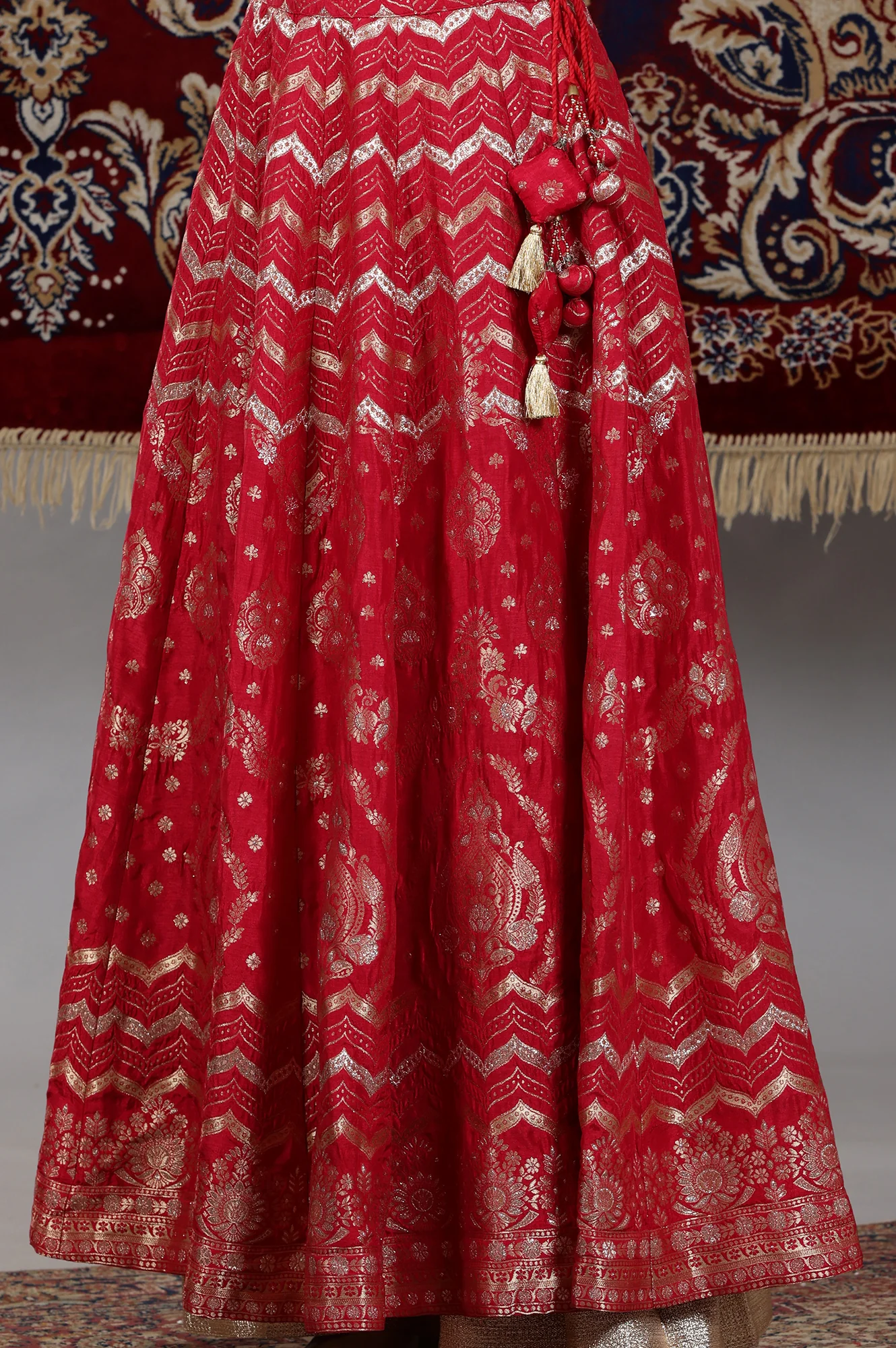 Hot Pink Zari Embellished Crop Top, Brocade Flared Skirt and Dupatta Set - Image 10