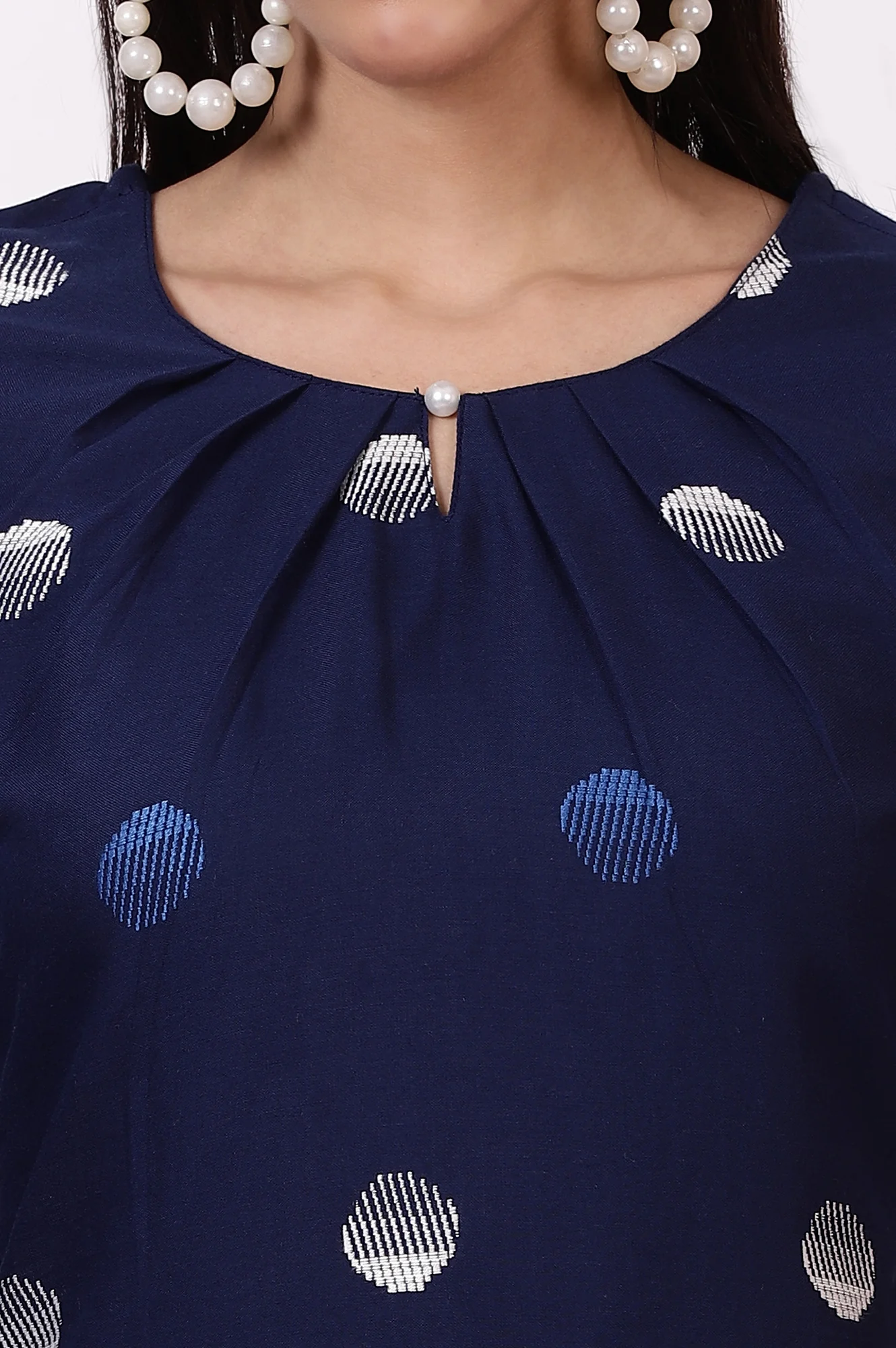 Indigo Blue Pokla Dots Cotton Rayon Pleated A-line Kurta - Image 4