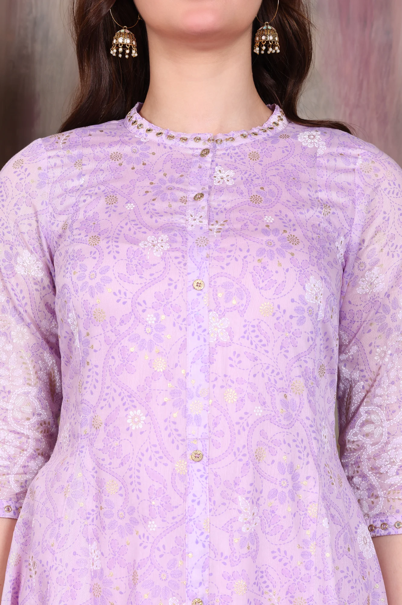 Lavender Foil Printed Zari Embroidered Anarkali Cotton Kurta and Legging Set - Image 3