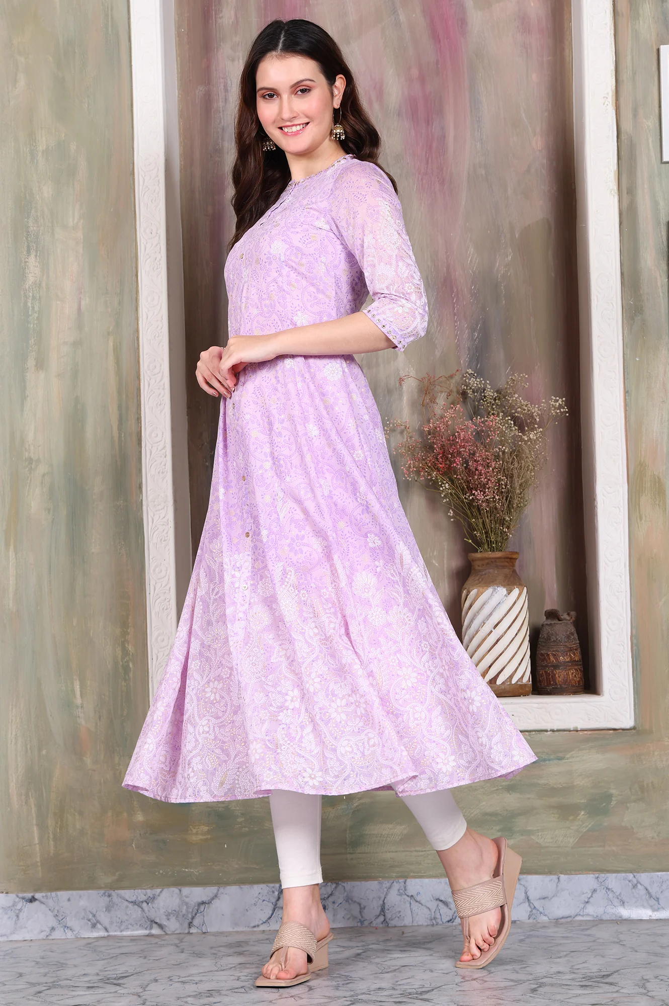 Lavender Foil Printed Zari Embroidered Anarkali Cotton Kurta and Legging Set - Image 4