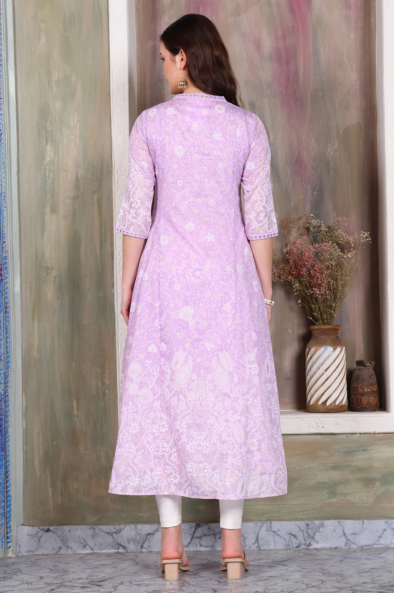 Lavender Foil Printed Zari Embroidered Anarkali Cotton Kurta and Legging Set - Image 5