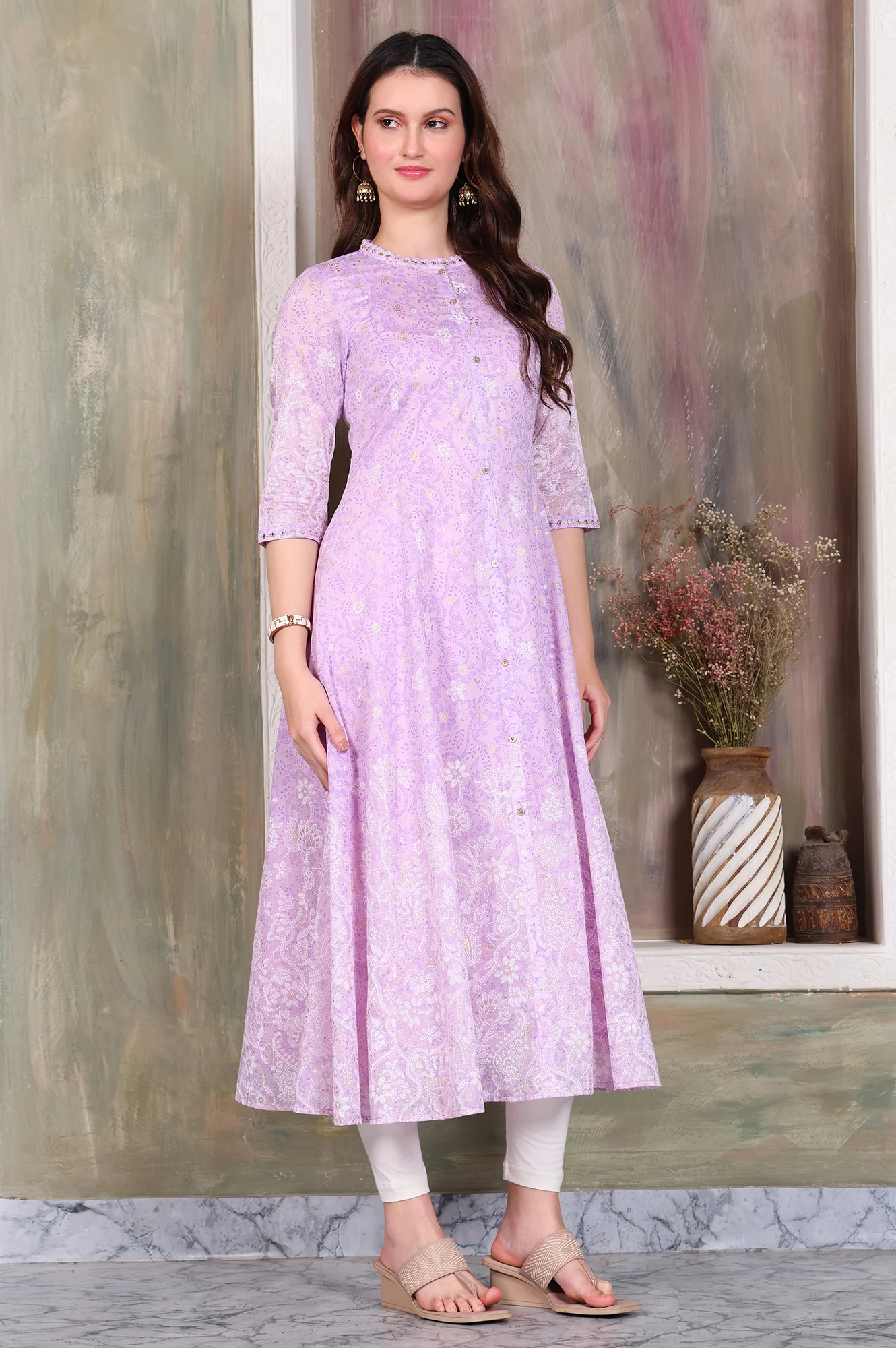 Lavender Foil Printed Zari Embroidered Anarkali Cotton Kurta and Legging Set - Image 6