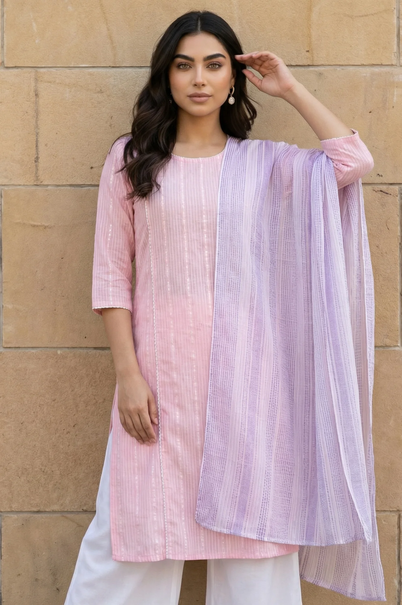 Lavender Yarn Dyed Striped Cotton Blend Dupatta - Image 4