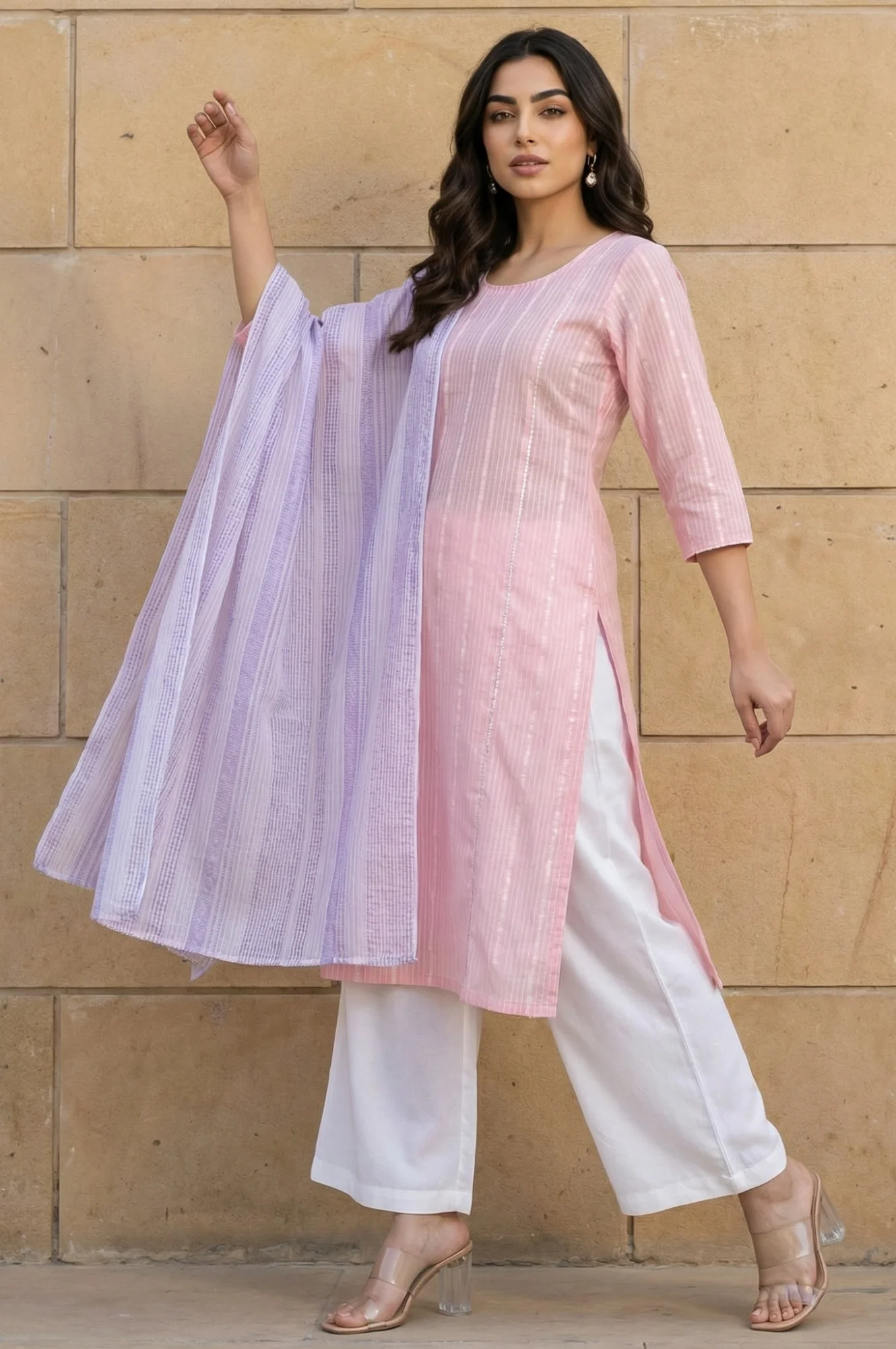 Lavender Yarn Dyed Striped Cotton Blend Dupatta - Image 5