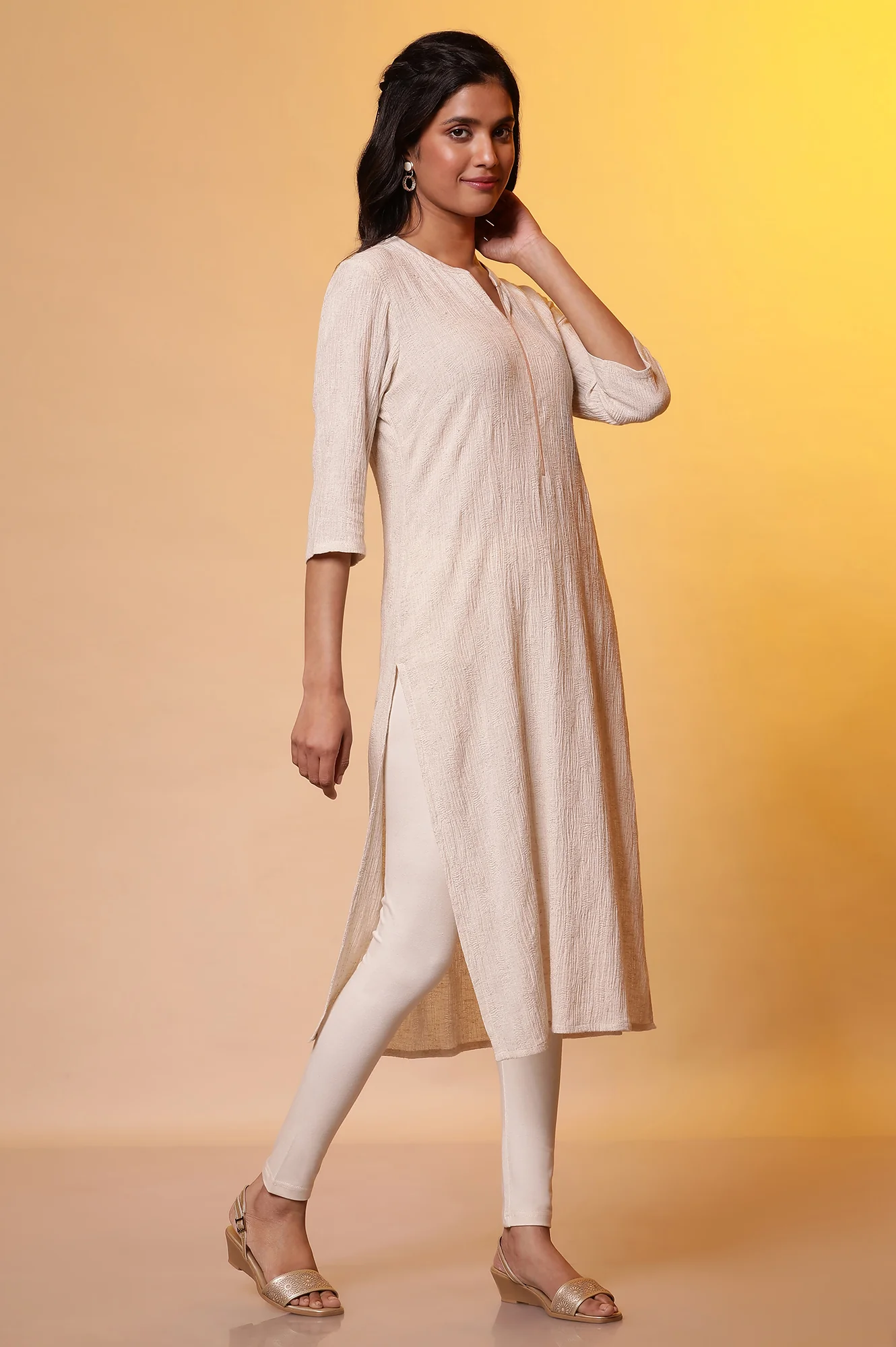 Light Beige Cotton Flax Crepe Casual Kurta - Image 5