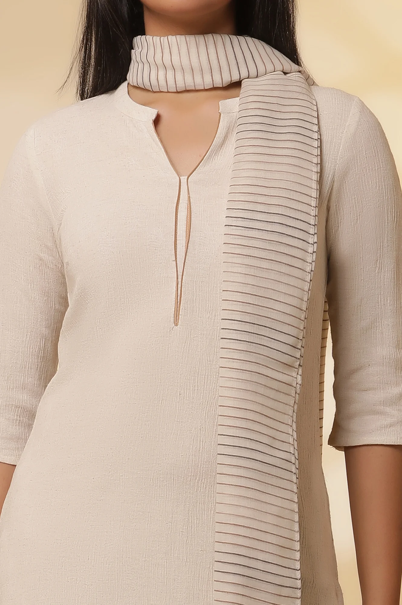 Light Beige Cotton Flax Kurta, Pants with Dupatta Set - Image 6