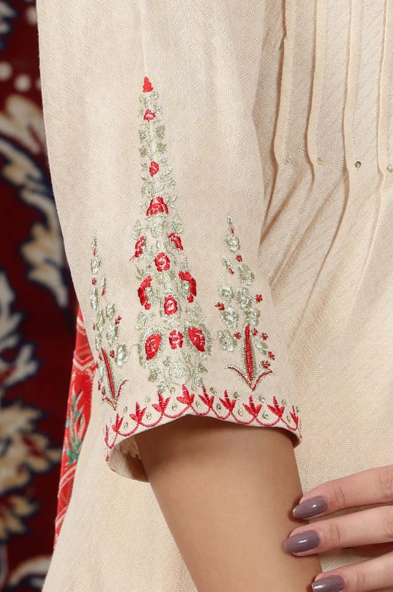 Light Beige Rayon Pin-tuck Embroidered Kurta, Pants and Dupatta Set - Image 8