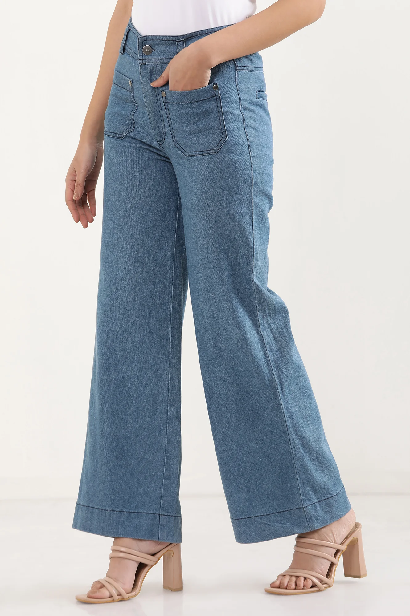 Light Blue Solid Flared Denim Pants With Button Detail - Image 3