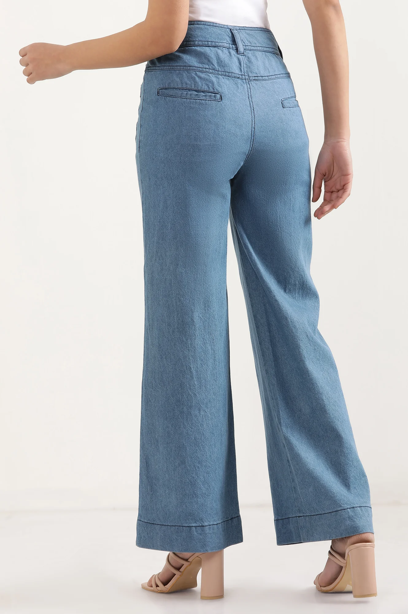 Light Blue Solid Flared Denim Pants With Button Detail - Image 4