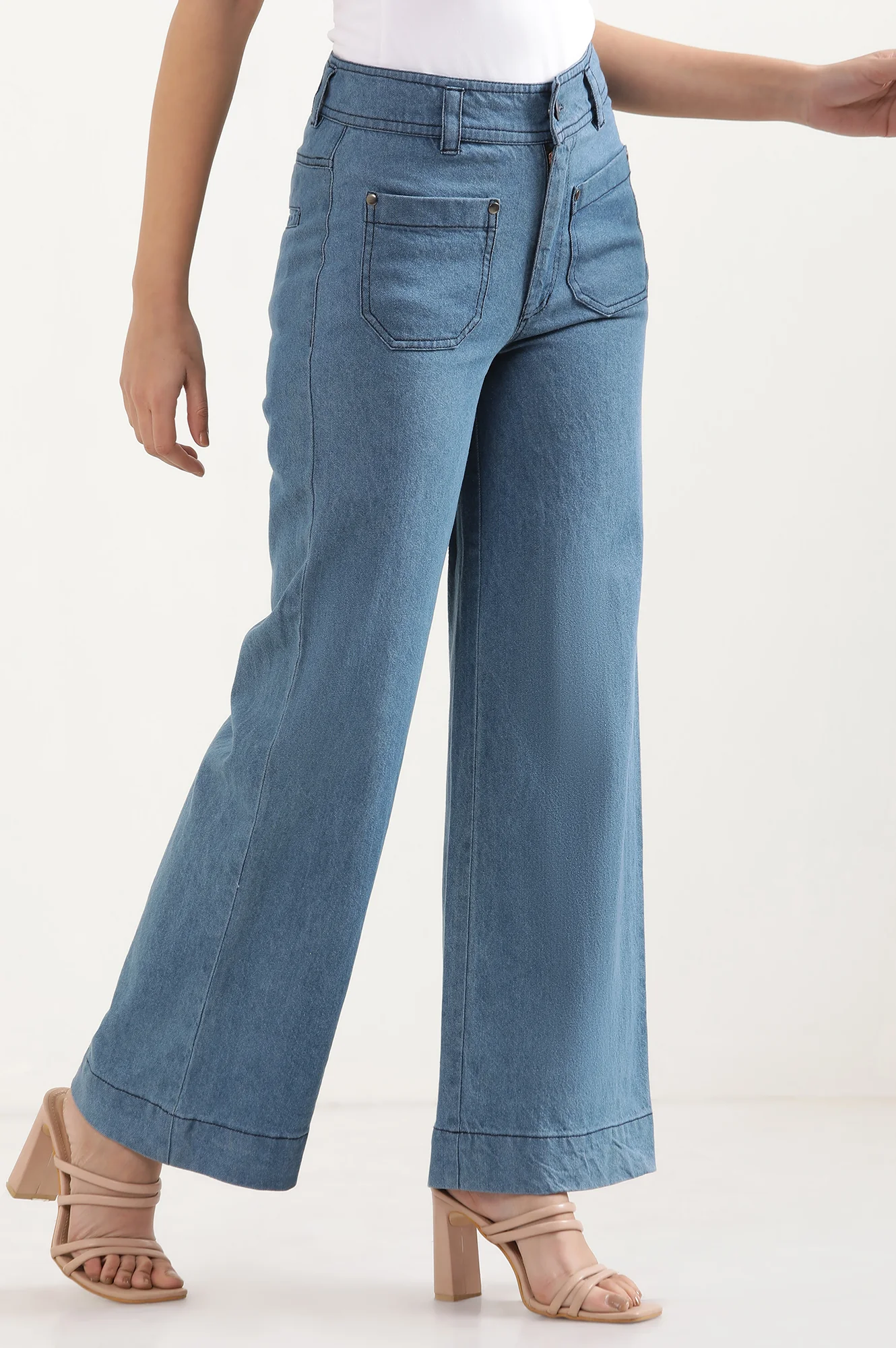 Light Blue Solid Flared Denim Pants With Button Detail - Image 5