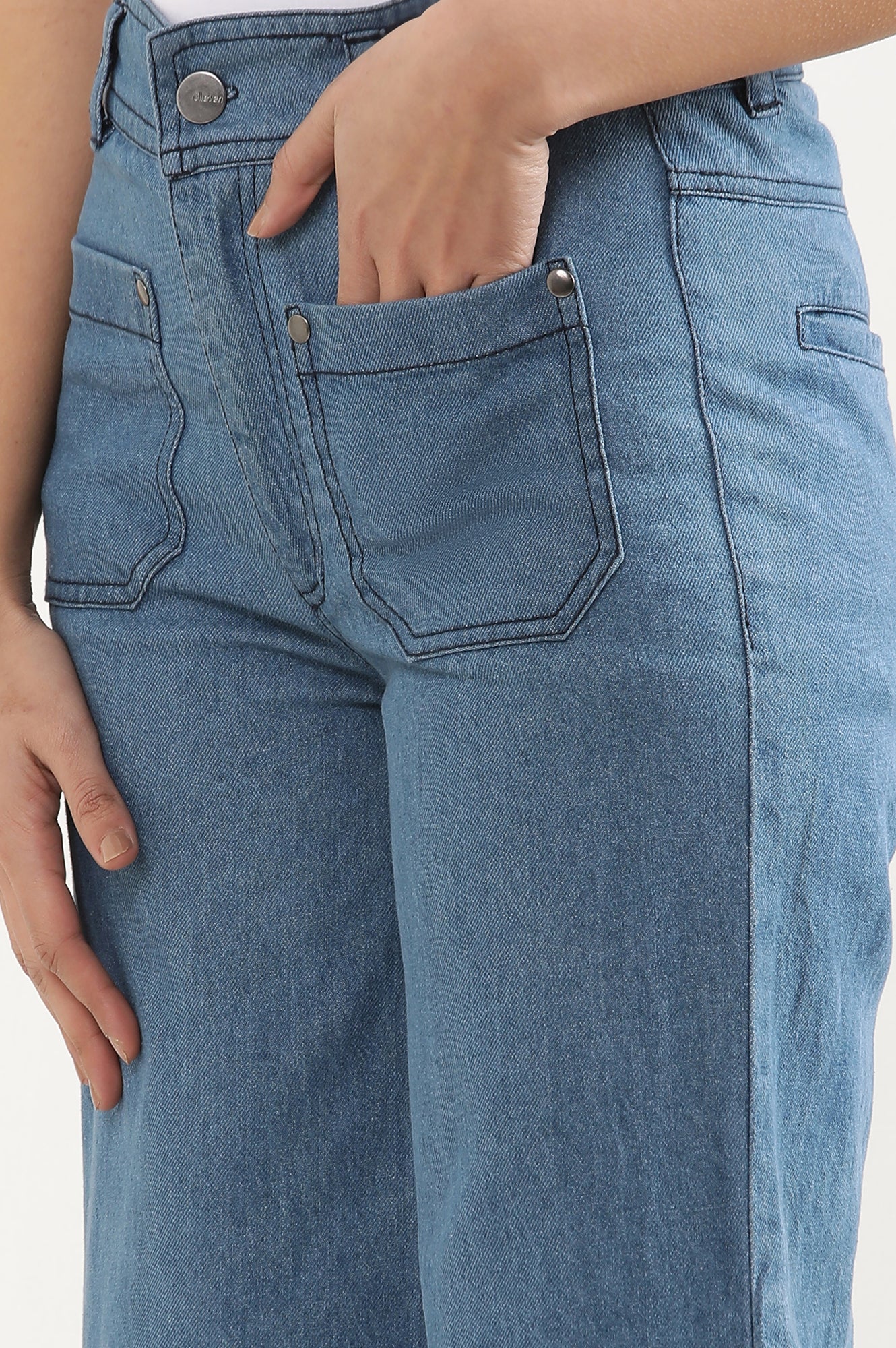 Light Blue Solid Flared Denim Pants With Button Detail - Image 7