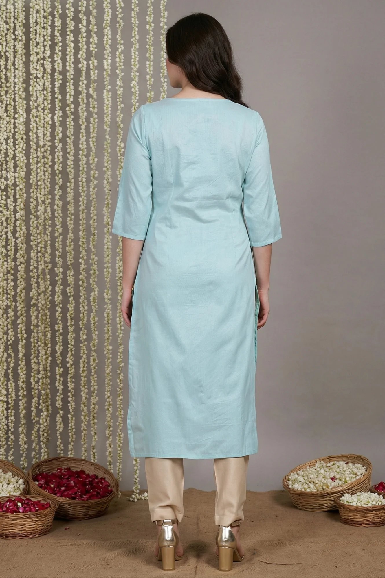 Light Blue Embroidered Mirror work Straight Kurta - Image 4