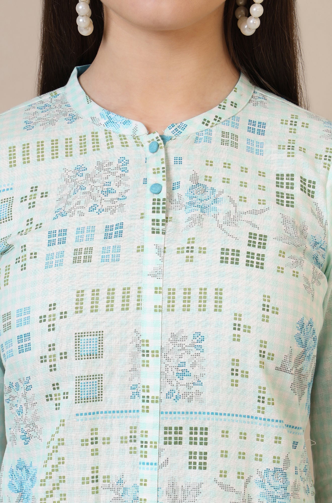 Light Blue Geometric Printed Cotton Blend Straight Kurta and Pants Co-ord Set - Image 4