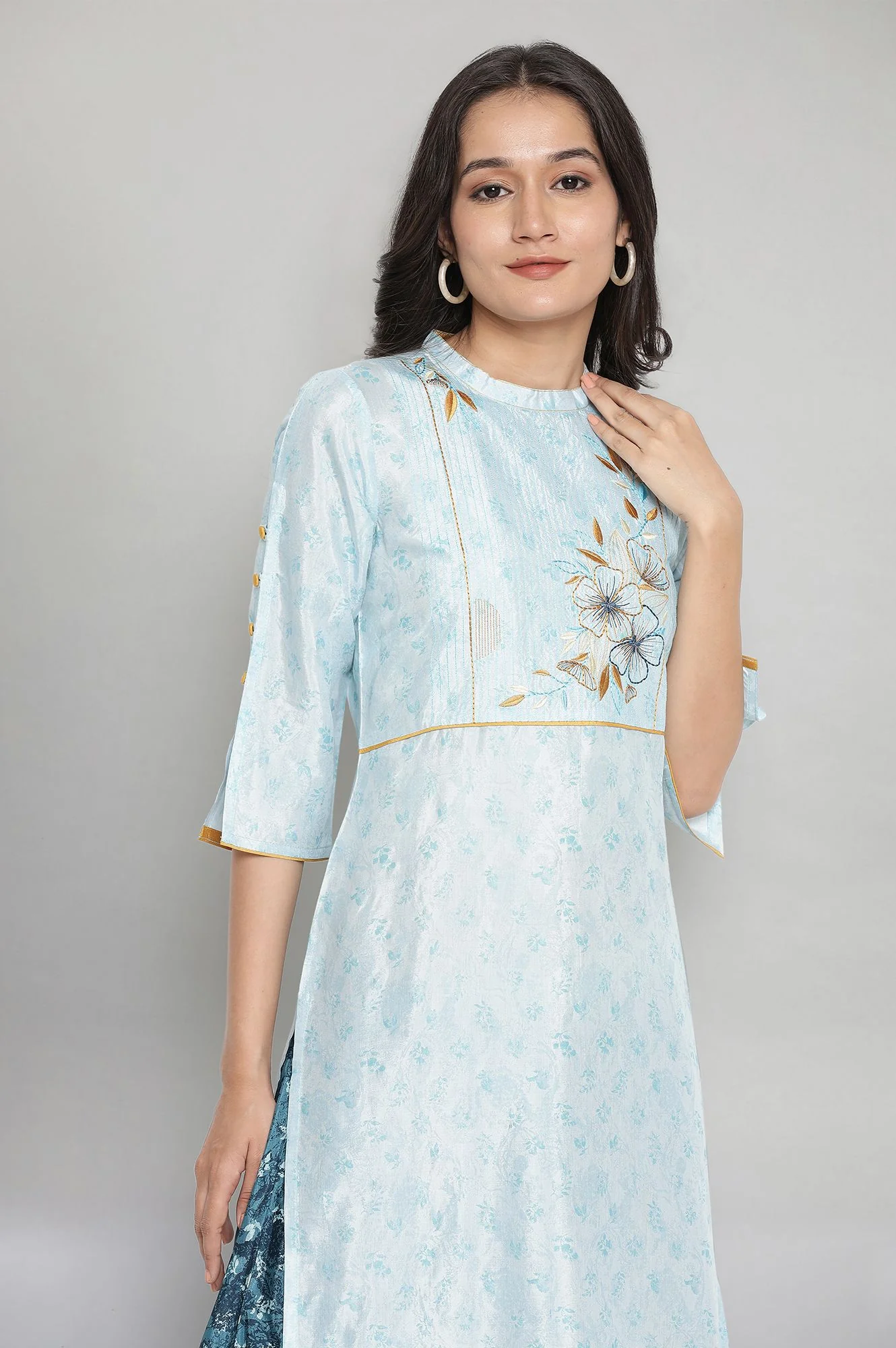 Light Blue Printed Embroidered Straight Kurta and Culottes Set - Image 5