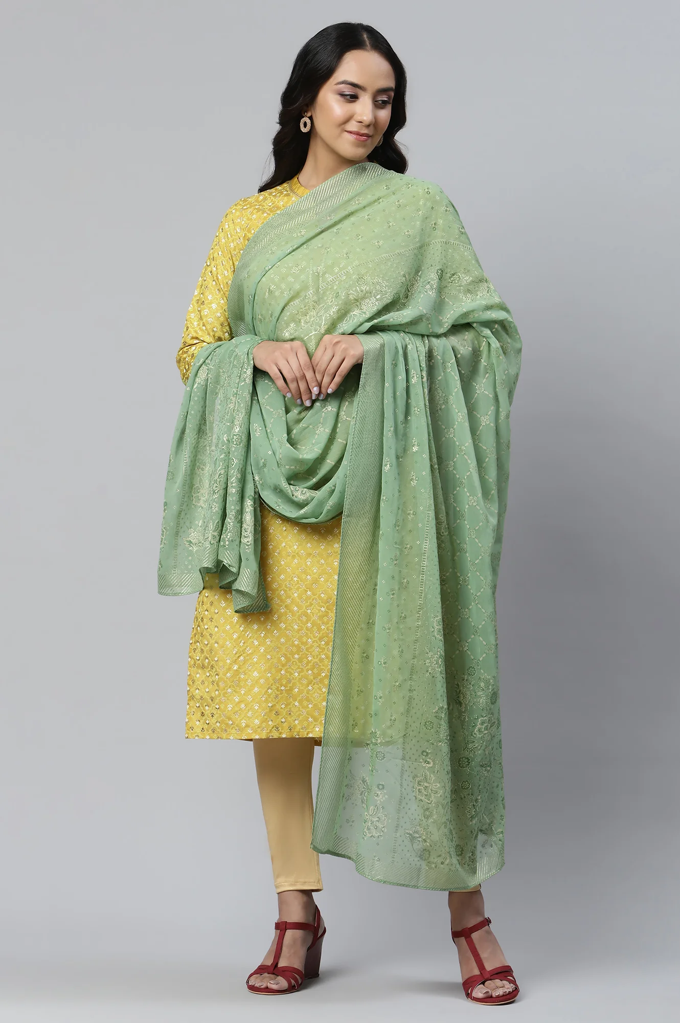 Light Green Floral Zari Print Chiffon Dupatta - Image 3