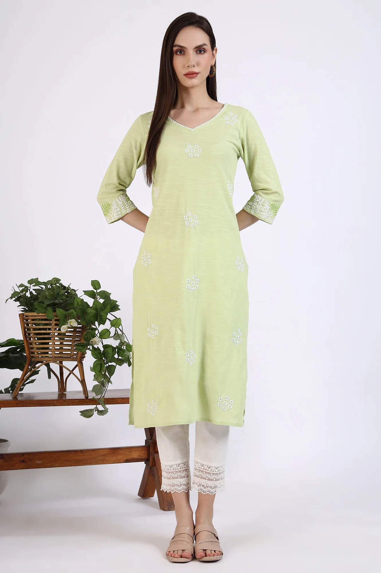 Light Green Thread Embroidered Pure Cotton Straight Kurta - Image 2