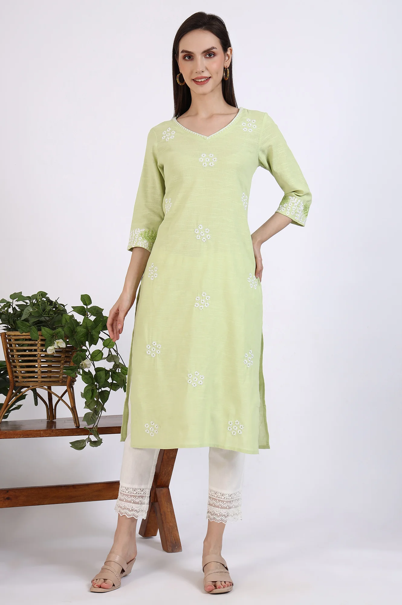 Light Green Thread Embroidered Pure Cotton Straight Kurta - Image 3