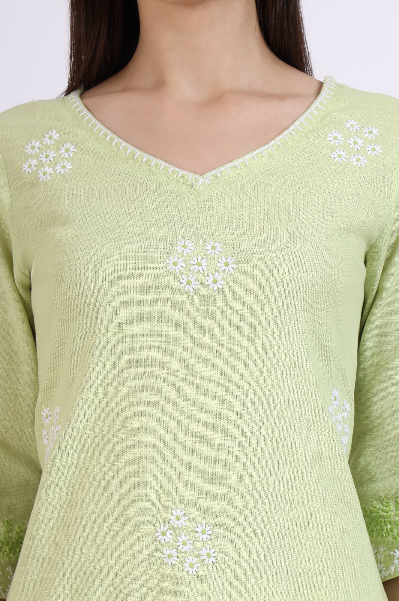 Light Green Thread Embroidered Pure Cotton Straight Kurta - Image 4