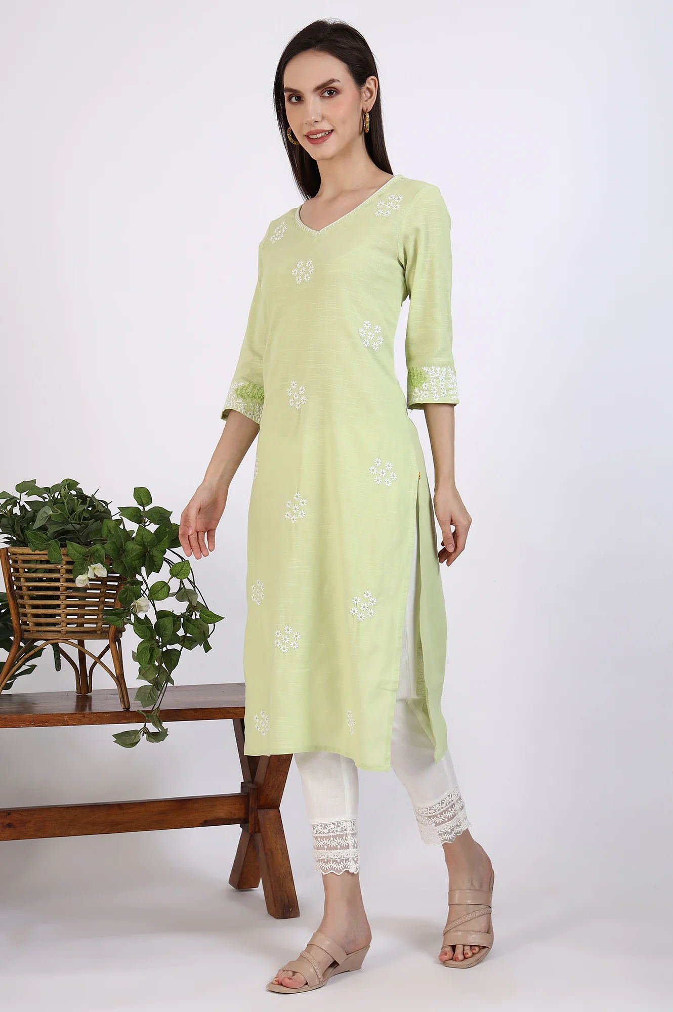 Light Green Thread Embroidered Pure Cotton Straight Kurta - Image 5