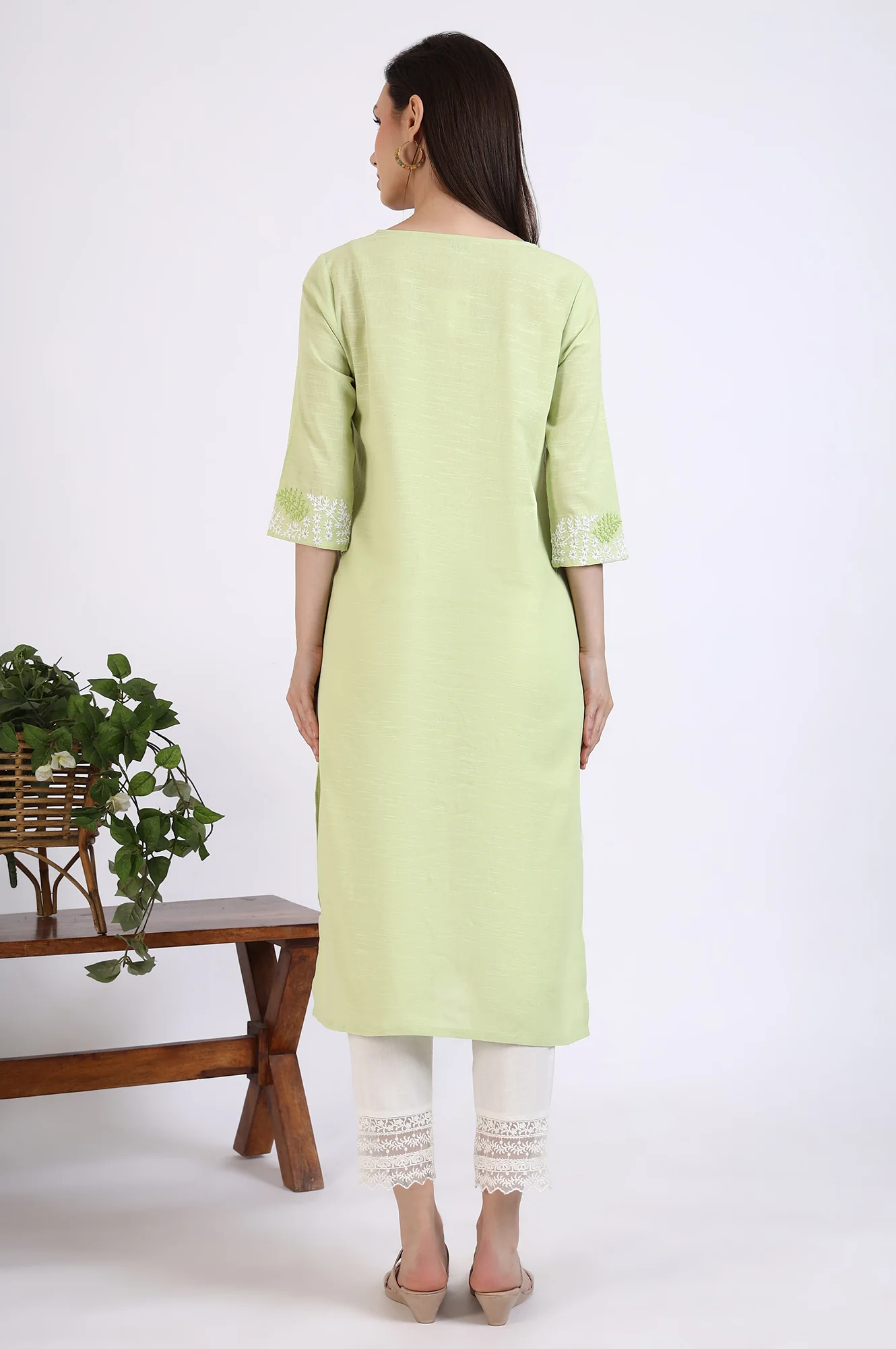 Light Green Thread Embroidered Pure Cotton Straight Kurta - Image 6