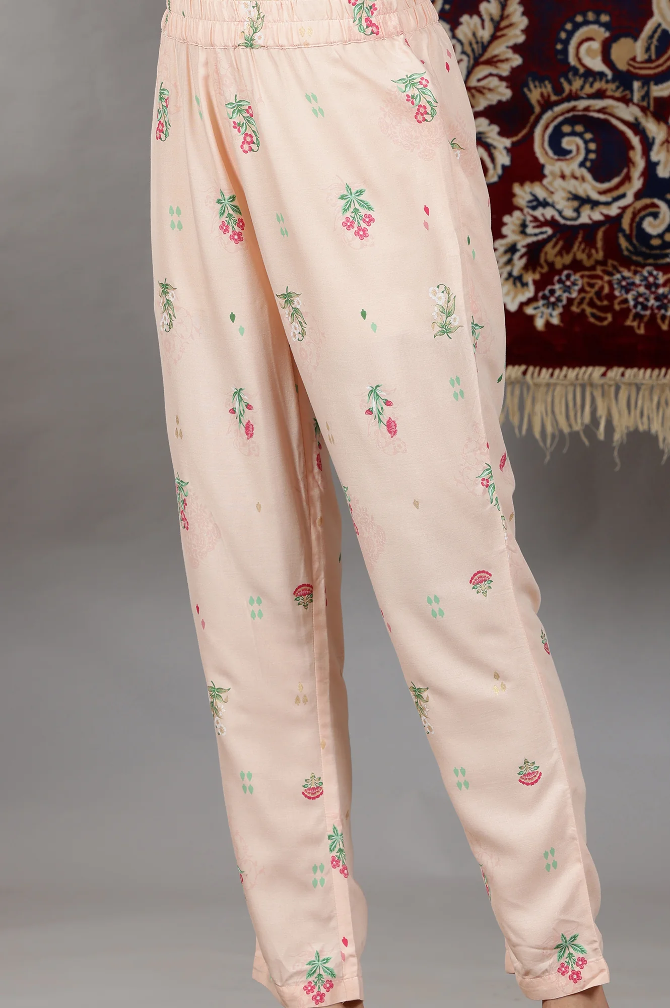 Light Peach Floral Printed Flared Kurta with Lace, Pants and Dupatta Set - Image 10