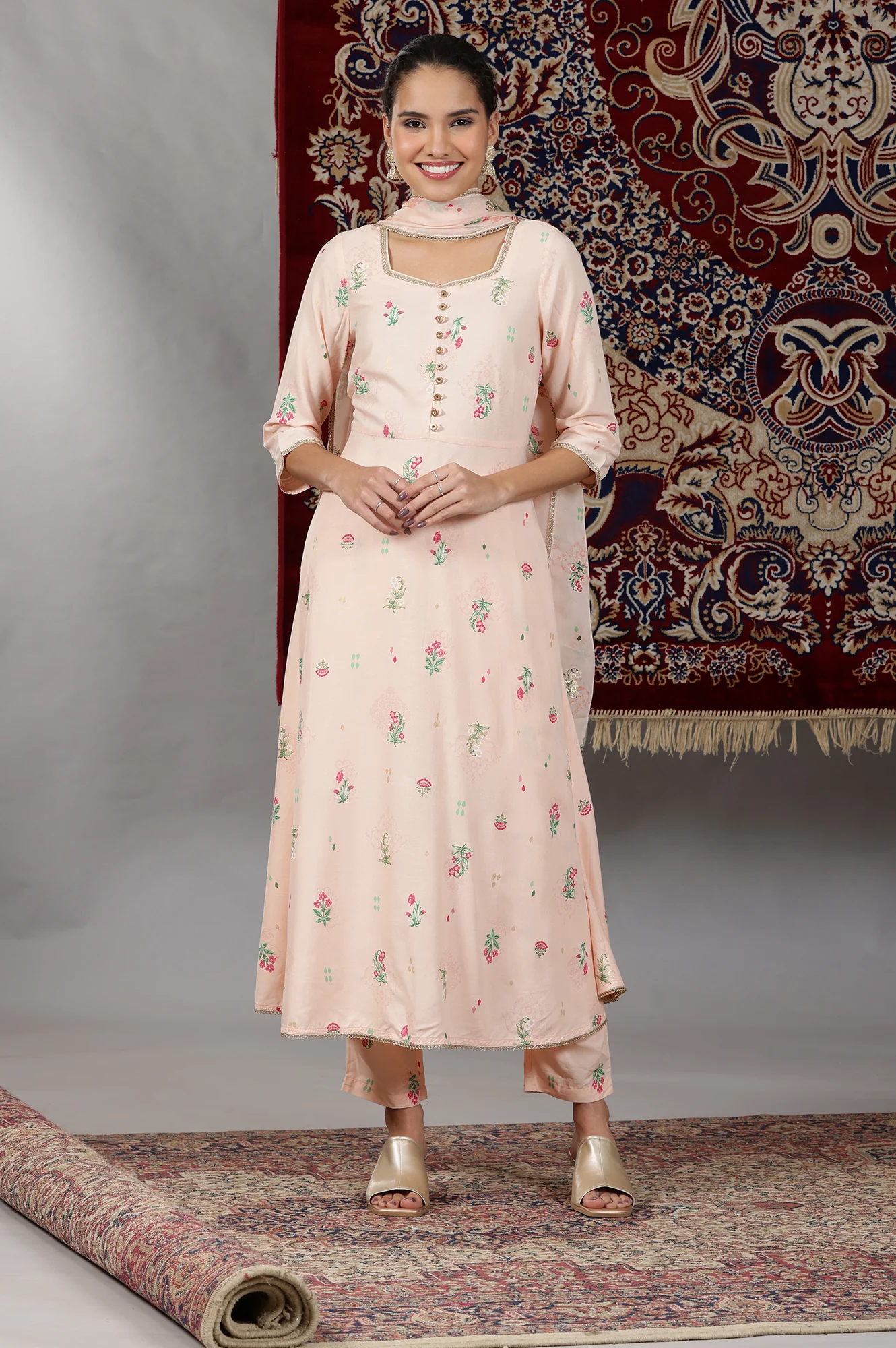 Light Peach Floral Printed Flared Kurta with Lace, Pants and Dupatta Set - Image 3