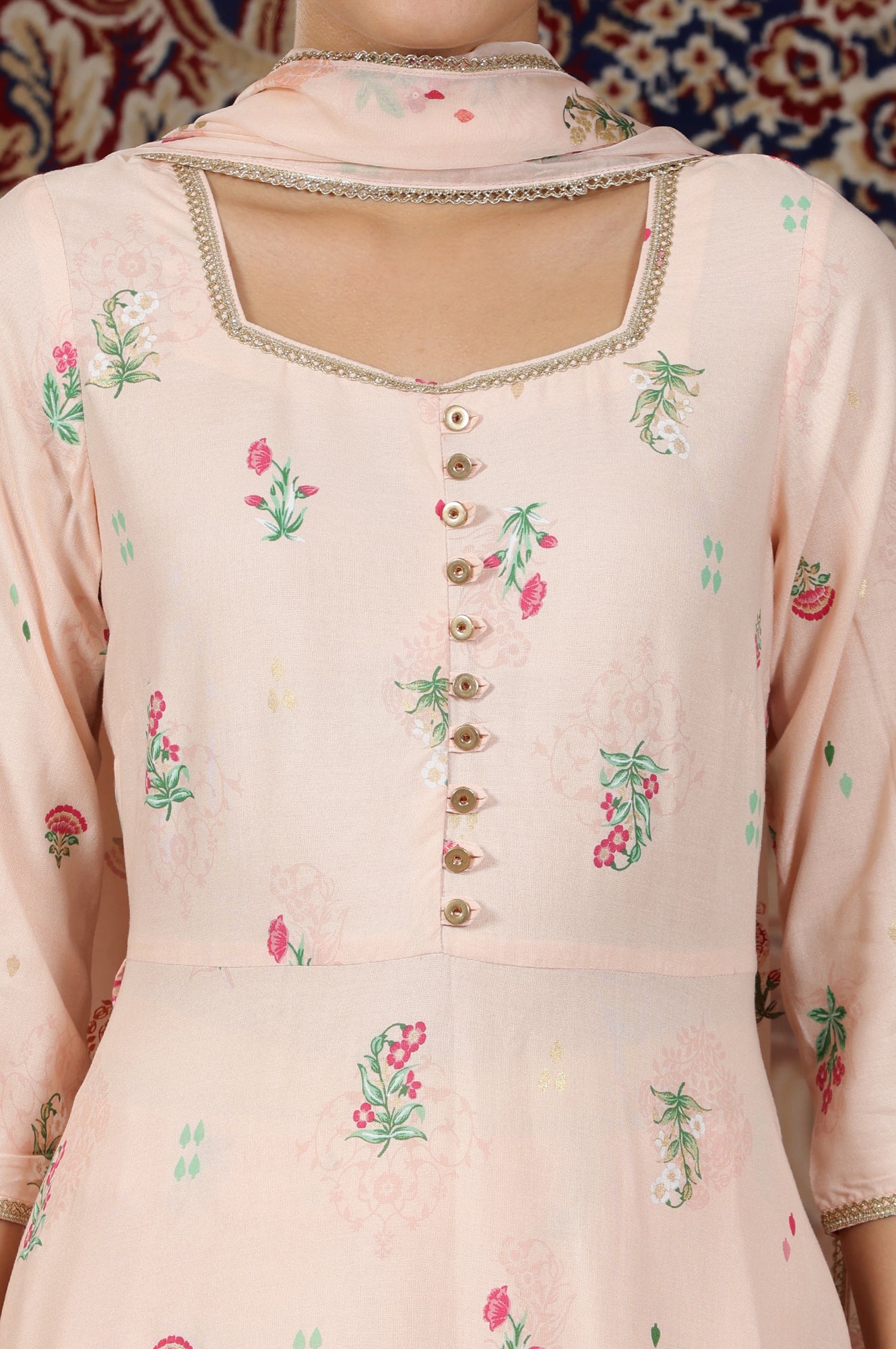 Light Peach Floral Printed Flared Kurta with Lace, Pants and Dupatta Set - Image 4