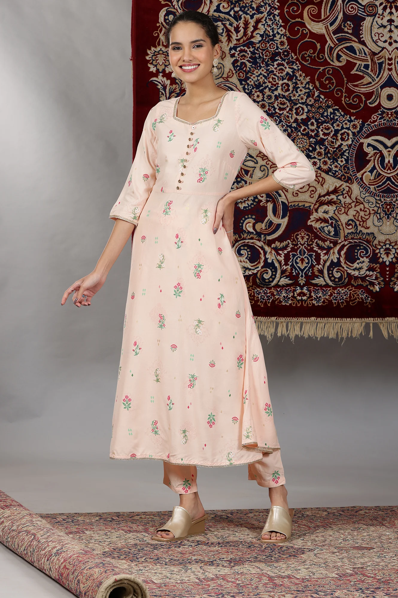 Light Peach Floral Printed Flared Kurta with Lace, Pants and Dupatta Set - Image 5