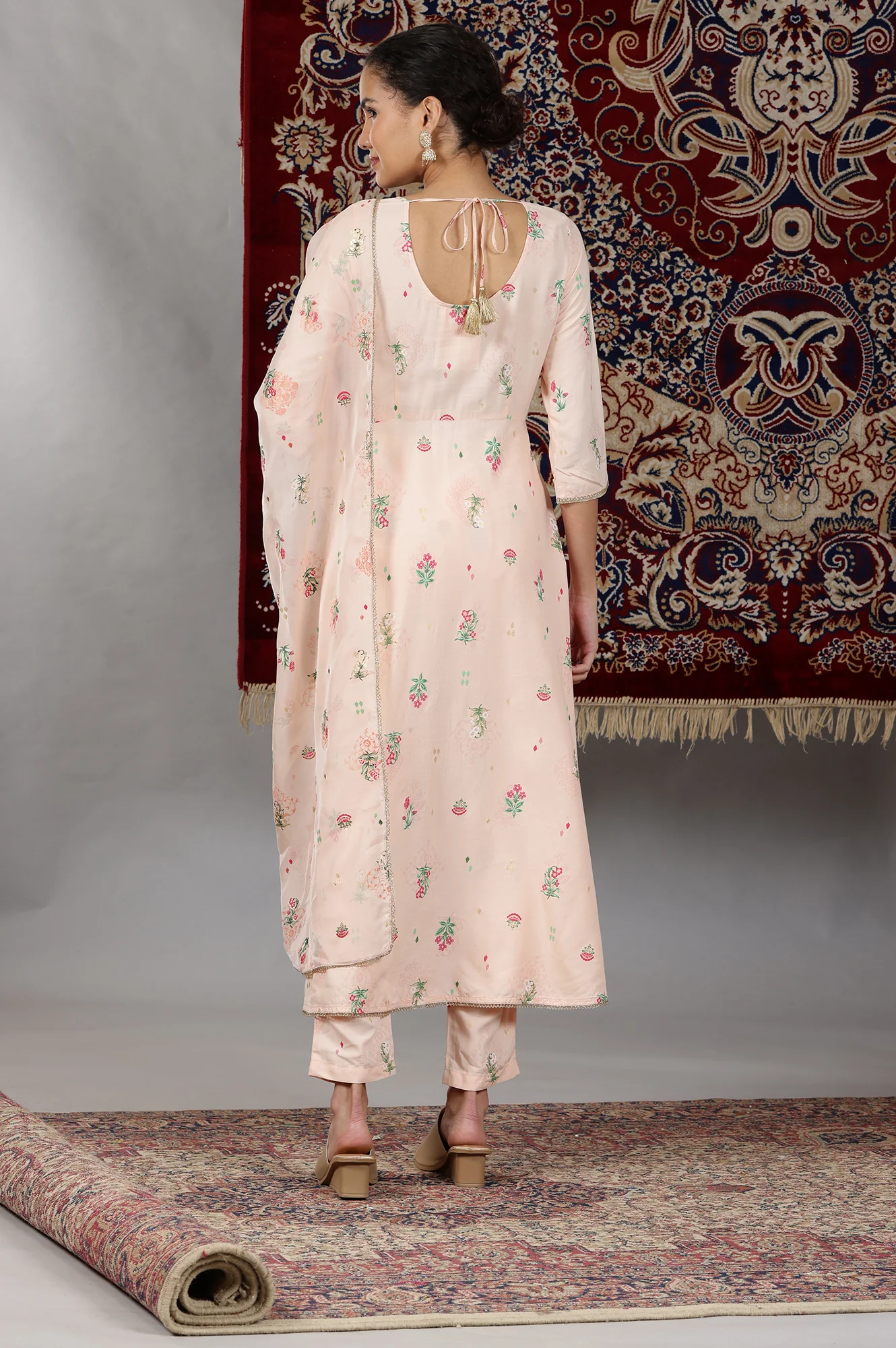 Light Peach Floral Printed Flared Kurta with Lace, Pants and Dupatta Set - Image 6