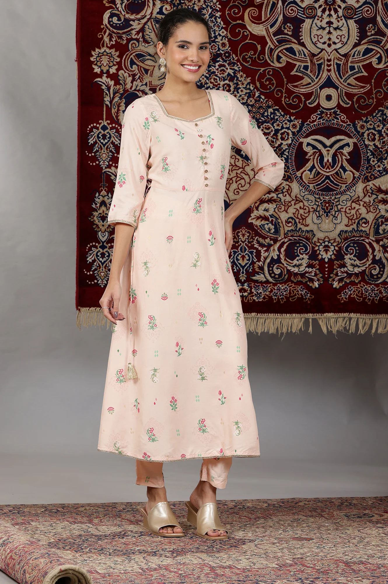 Light Peach Floral Printed Flared Kurta with Lace, Pants and Dupatta Set - Image 7