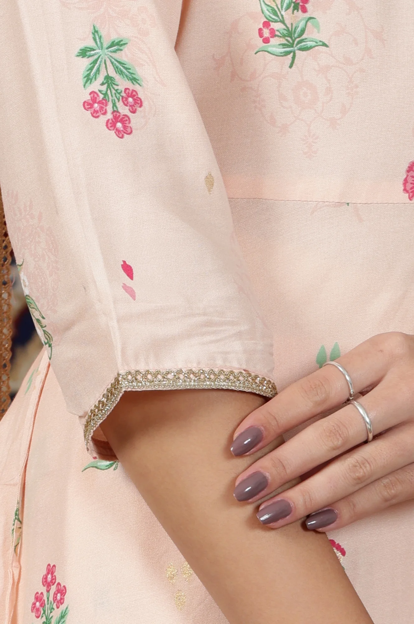 Light Peach Floral Printed Flared Kurta with Lace, Pants and Dupatta Set - Image 8
