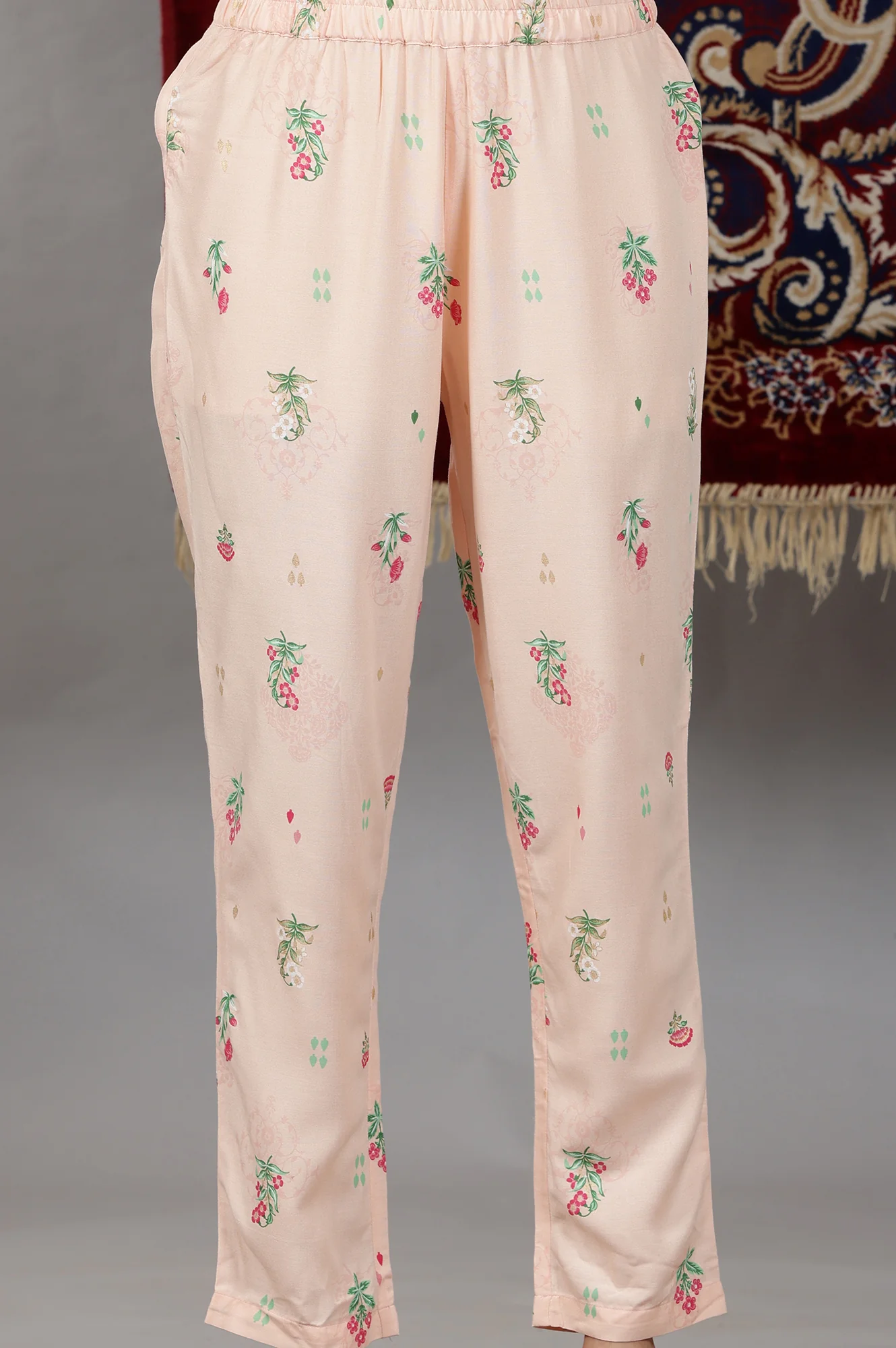 Light Peach Floral Printed Flared Kurta with Lace, Pants and Dupatta Set - Image 9