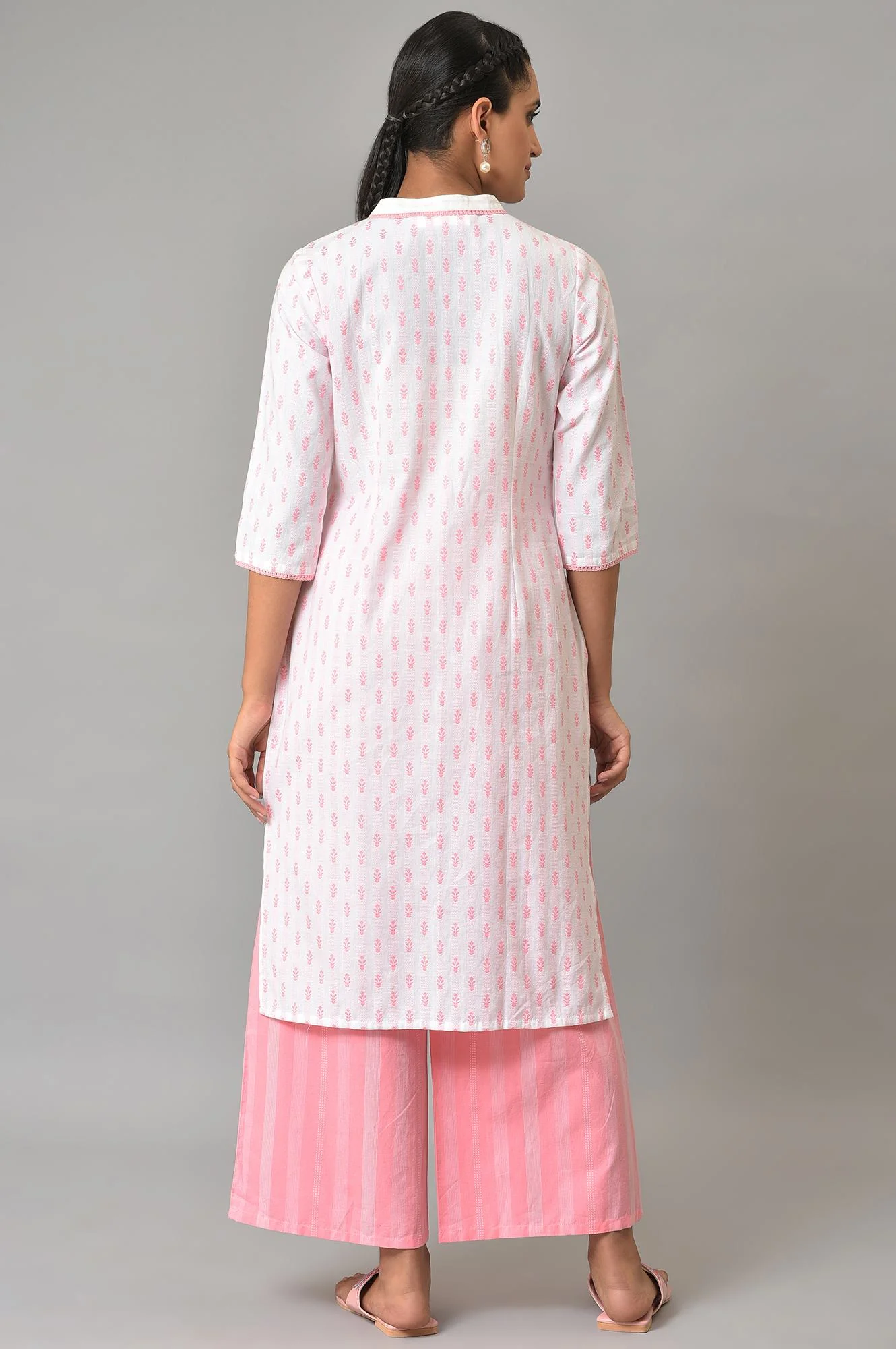 Light Pink Floral Dobby Kurta In Band Collar - Image 2