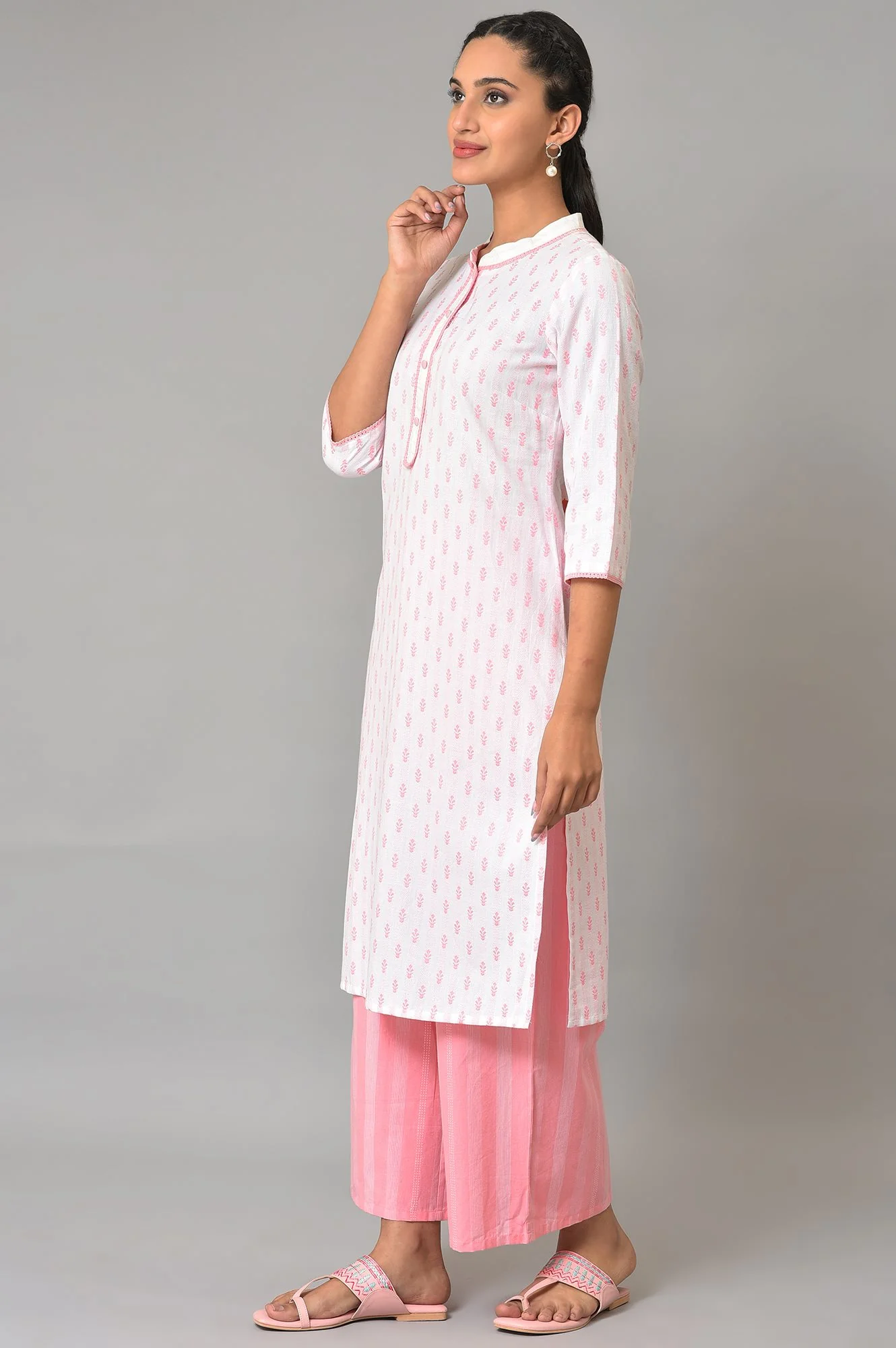 Light Pink Floral Dobby Kurta In Band Collar - Image 3