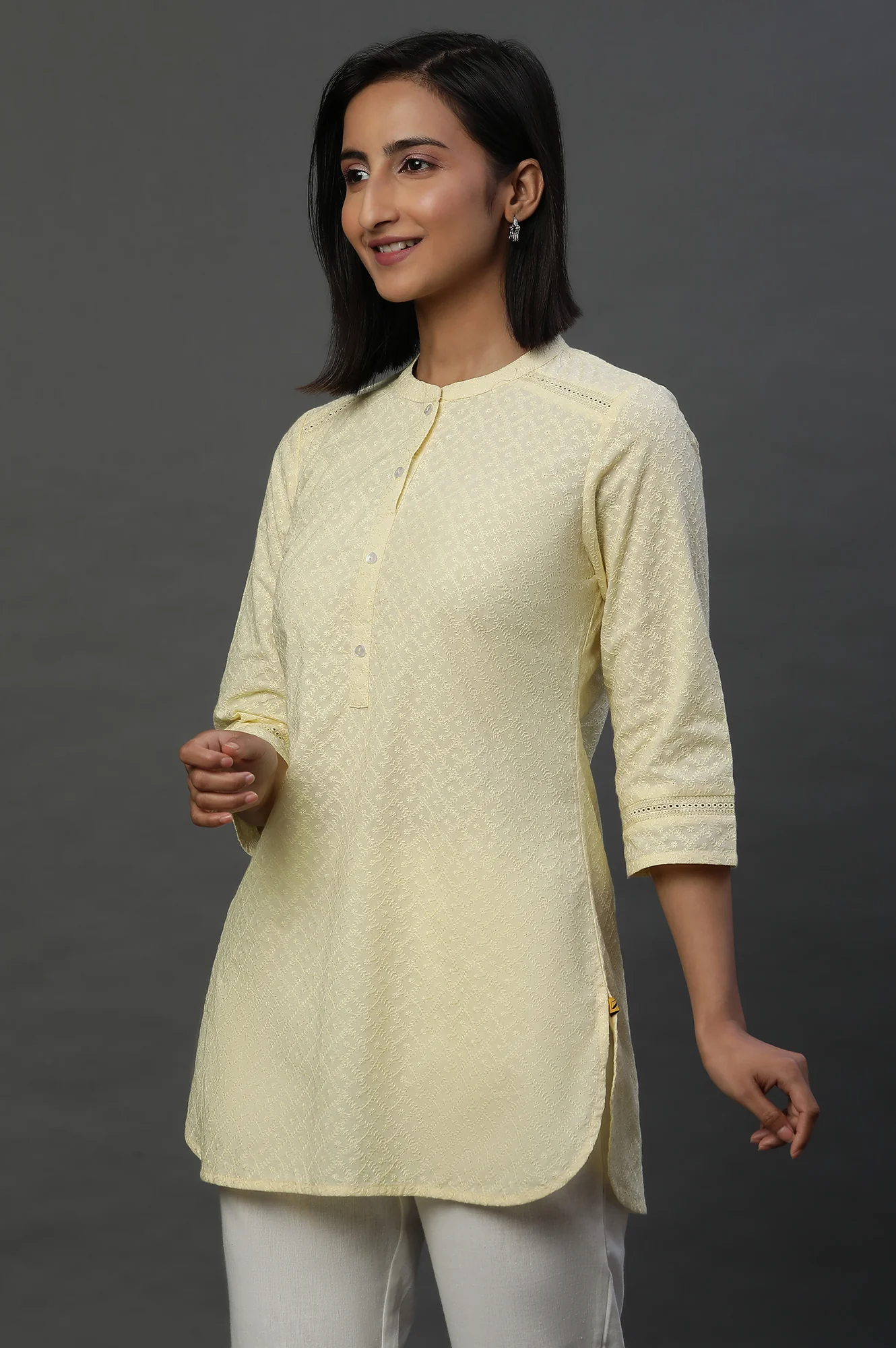 Light Yellow Lace Inserted Short Schiffli Kurti - Image 2