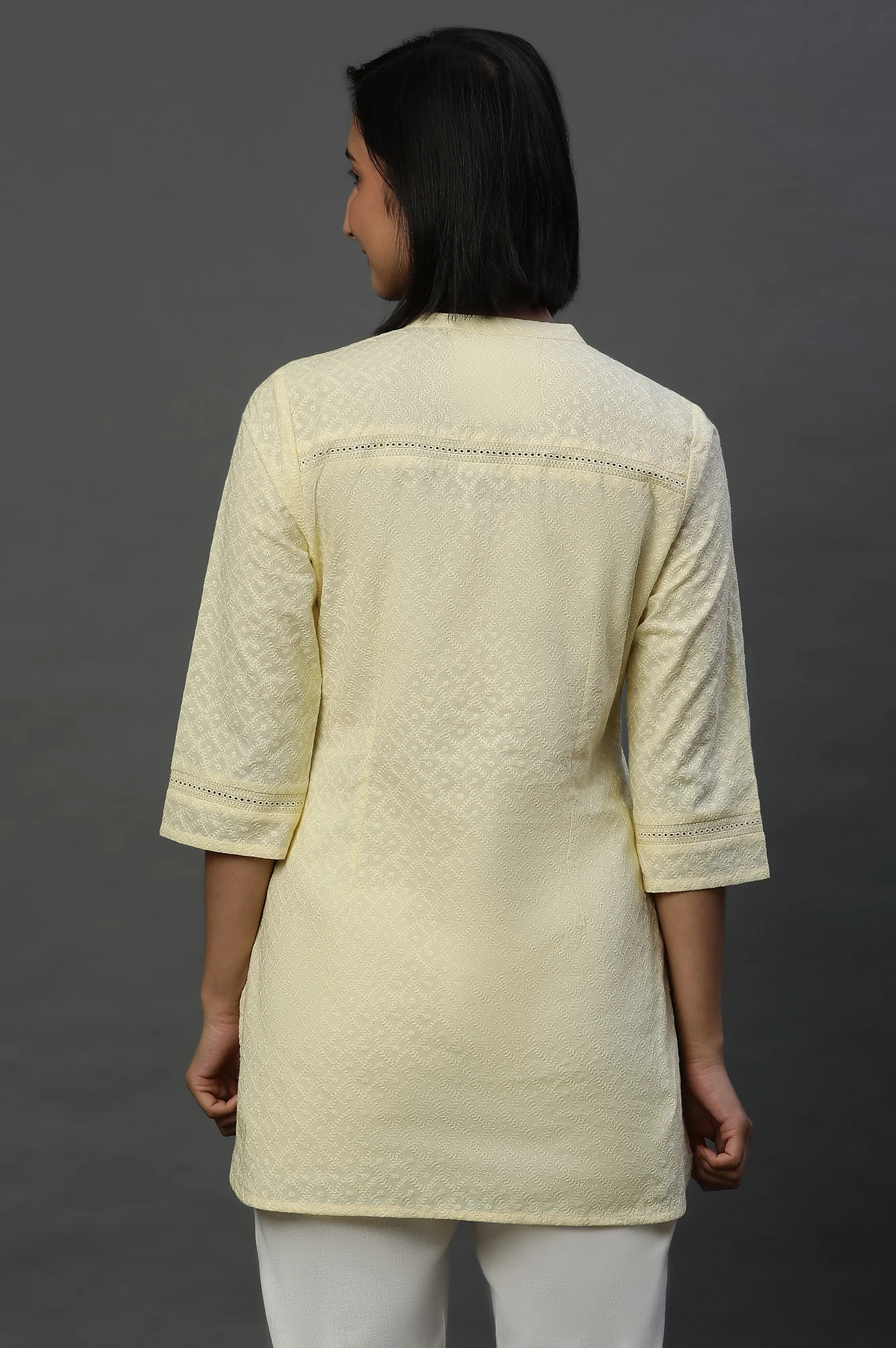 Light Yellow Lace Inserted Short Schiffli Kurti - Image 3