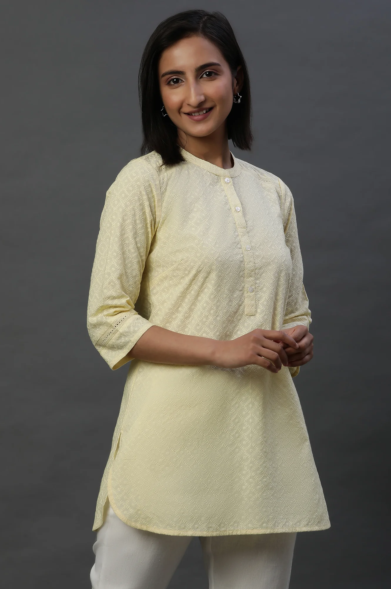 Light Yellow Lace Inserted Short Schiffli Kurti - Image 4