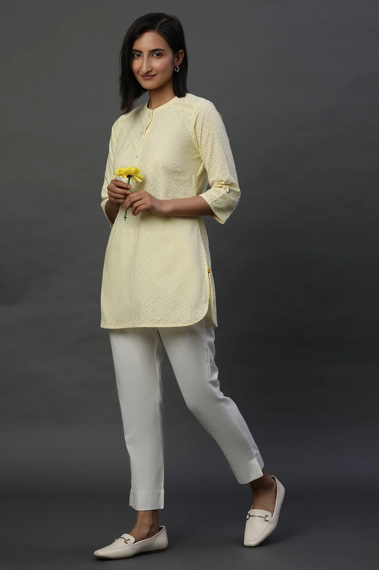 Light Yellow Lace Inserted Short Schiffli Kurti - Image 5