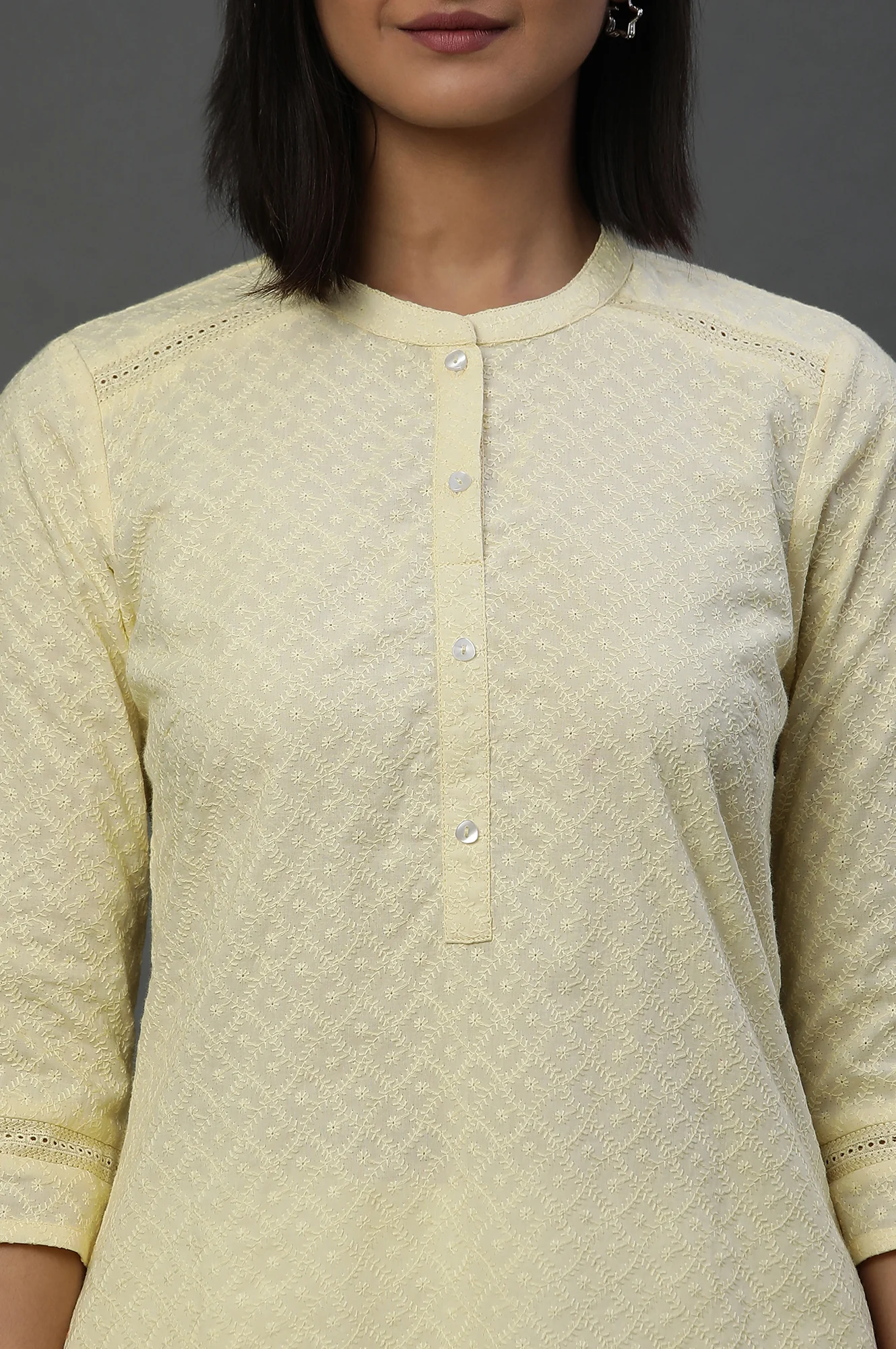 Light Yellow Lace Inserted Short Schiffli Kurti - Image 6