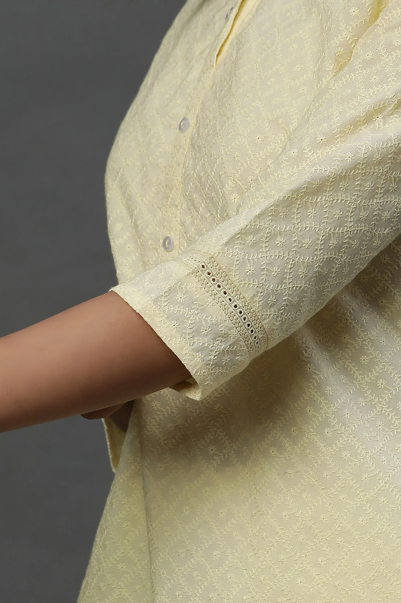 Light Yellow Lace Inserted Short Schiffli Kurti - Image 7