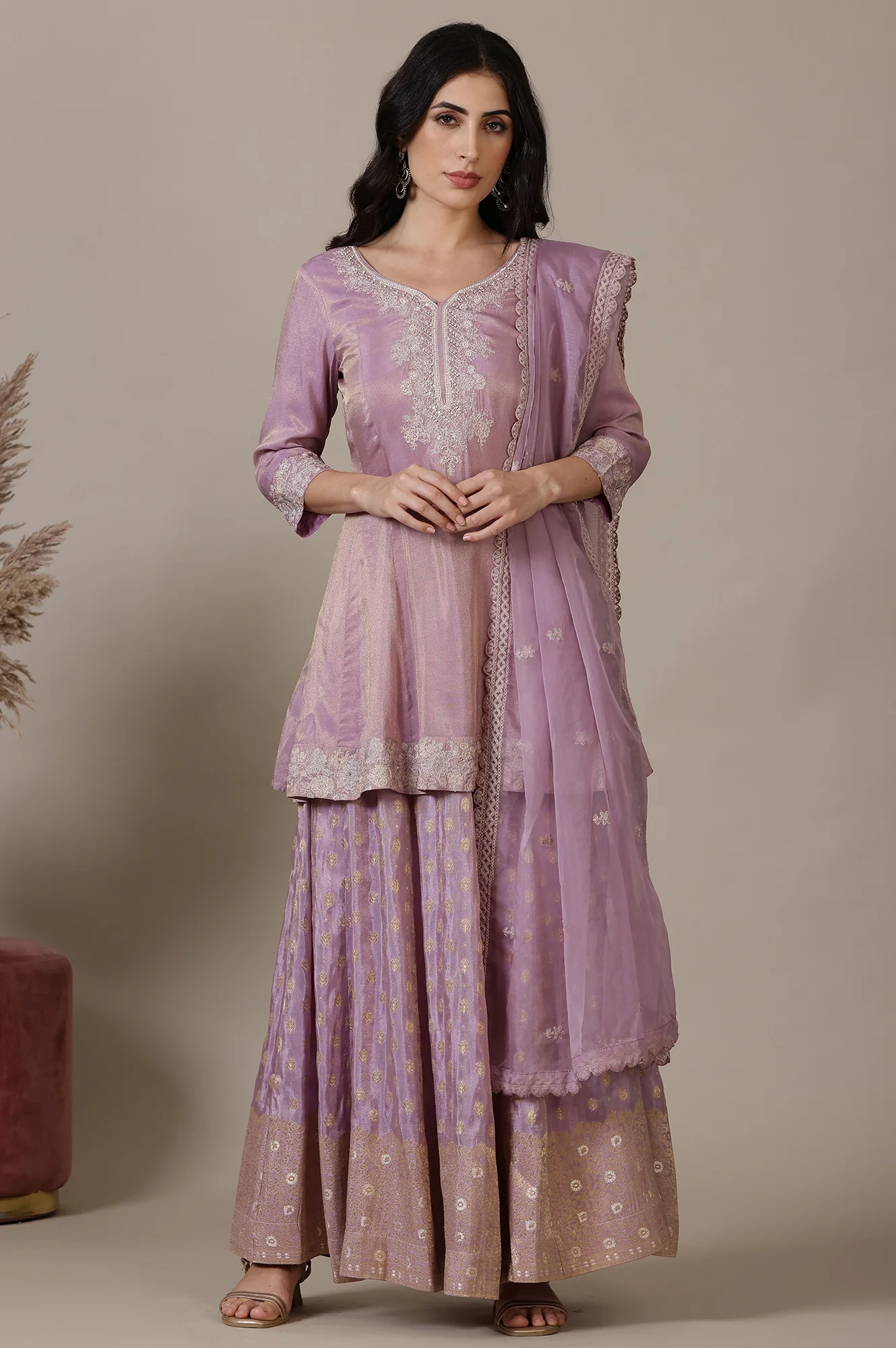 Lilac Embroidered Short Anarkali Kurti, Skirt nd Dupatta Set - Image 3